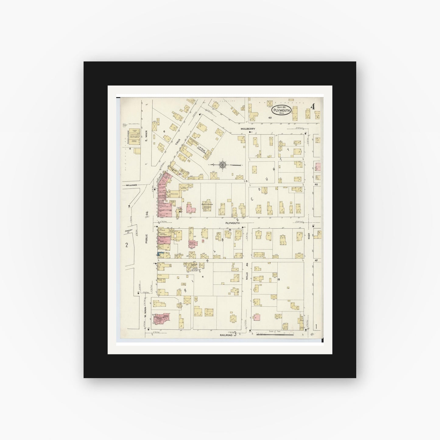 Old map wall art mockup — black gallery frame with white mat — Sanborn Fire Insurance Map from Plymouth, Huron And Richland Counties, Ohio (1911), Sheet #0004