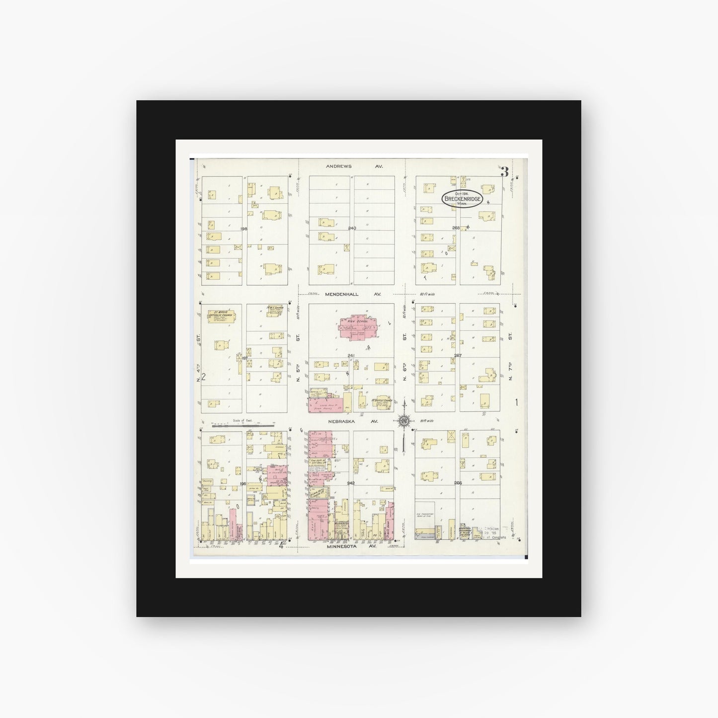 Old map wall art mockup — black gallery frame with white mat — Sanborn Fire Insurance Map from Breckenridge, Wilkin County, Minnesota (1914), Sheet #0003