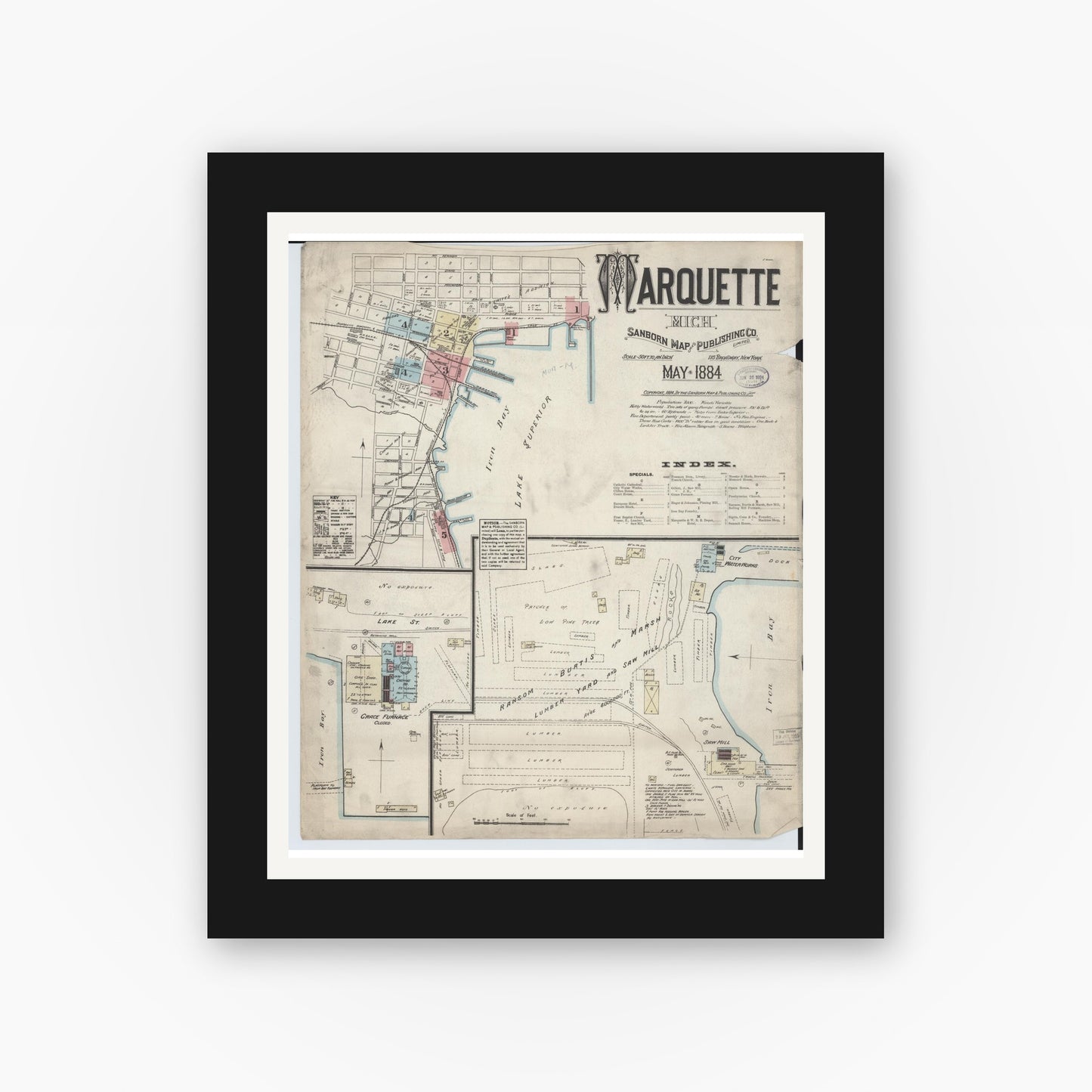 Old map wall art mockup — black gallery frame with white mat — Sanborn Fire Insurance Map from Marquette, Marquette County, Michigan (1884) - Complete Map Set