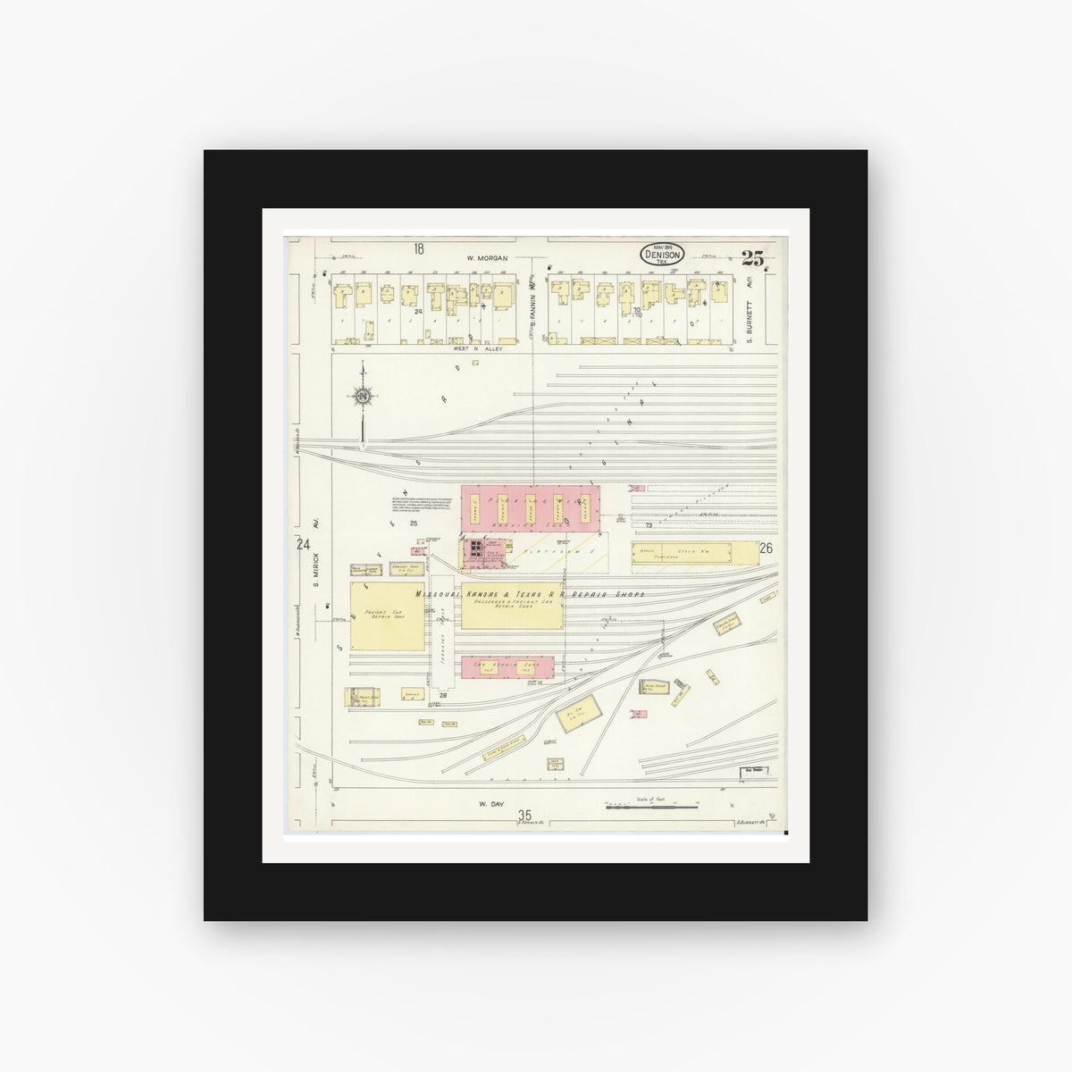 Old map wall art mockup — black gallery frame with white mat — Sanborn Fire Insurance Map from Denison, Grayson County, Texas (1914), Sheet #0025