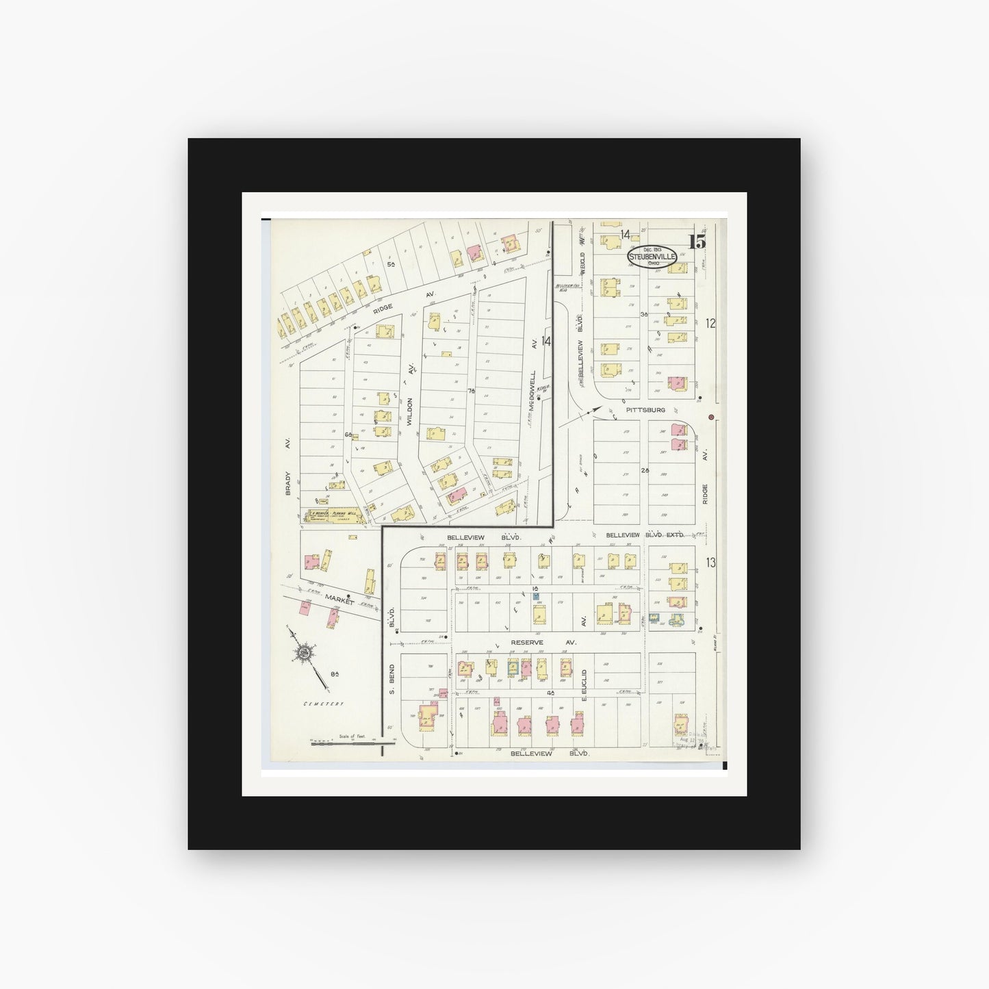 Old map wall art mockup — black gallery frame with white mat — Sanborn Fire Insurance Map from Steubenville, Jefferson County, Ohio (1913), Sheet #0015
