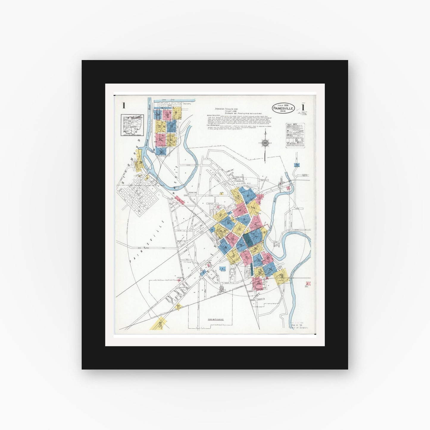 Old map wall art mockup — black gallery frame with white mat — Sanborn Fire Insurance Map from Painesville, Lake County, Ohio (1926) - Complete Map Set