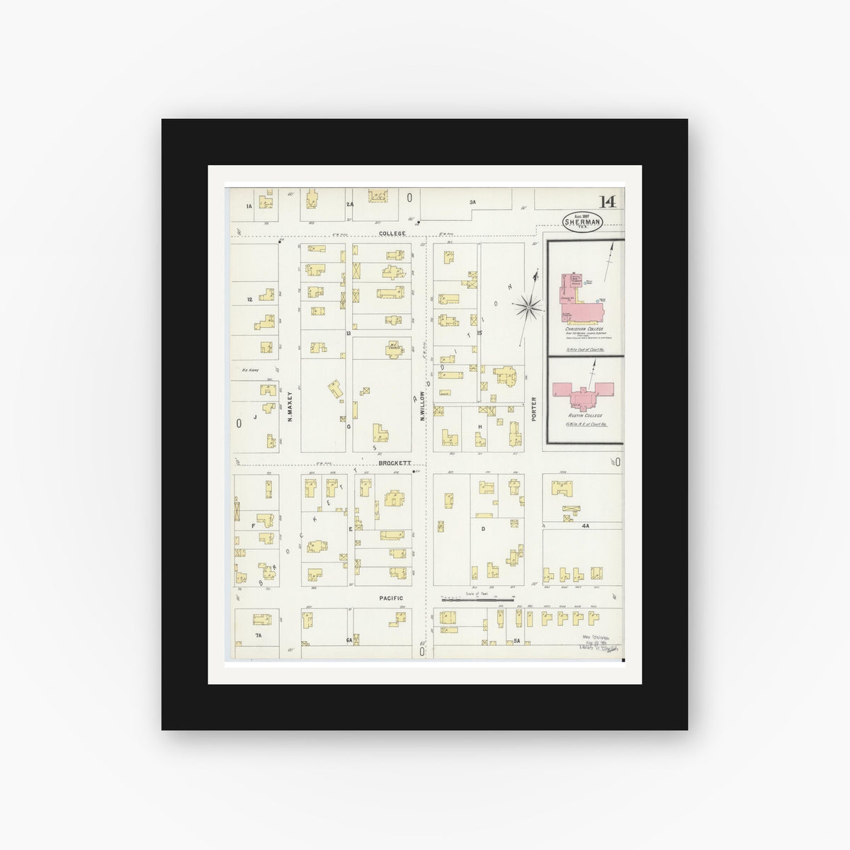 Old map wall art mockup — black gallery frame with white mat — Sanborn Fire Insurance Map from Sherman, Grayson County, Texas (1897), Sheet #0014