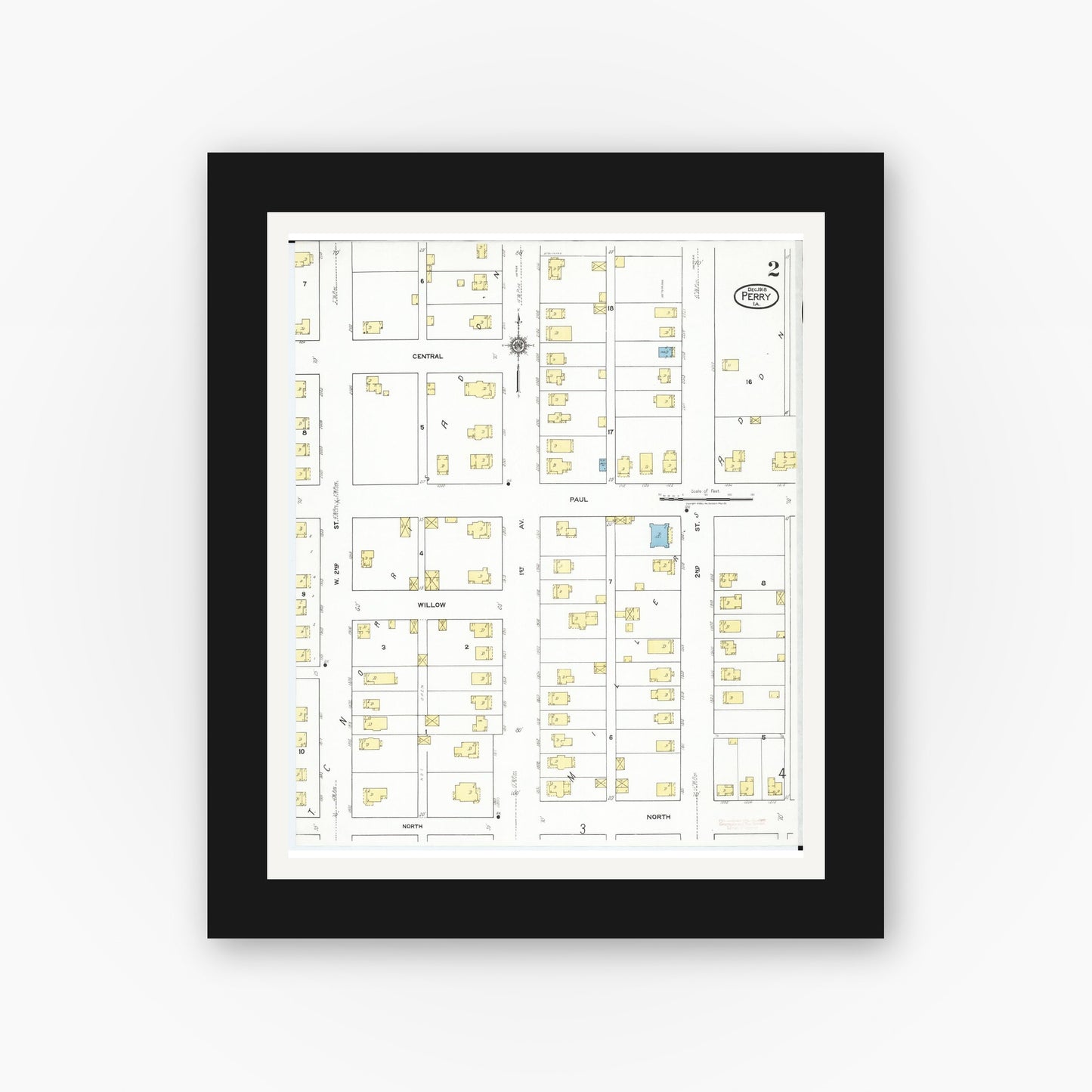 Old map wall art mockup β black gallery frame with white mat β Sanborn Fire Insurance Map from Perry, Dallas County, Iowa (1918), Sheet #0002