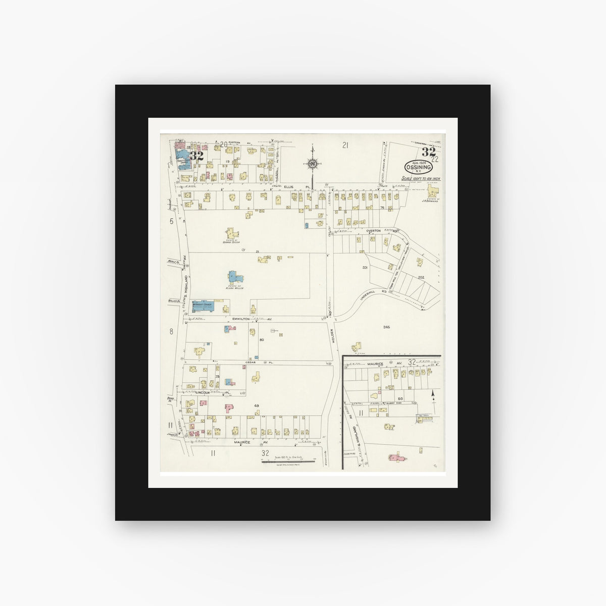 Old map wall art mockup — black gallery frame with white mat — Sanborn Fire Insurance Map from Ossining, Westchester County, New York (1924), Sheet #0032