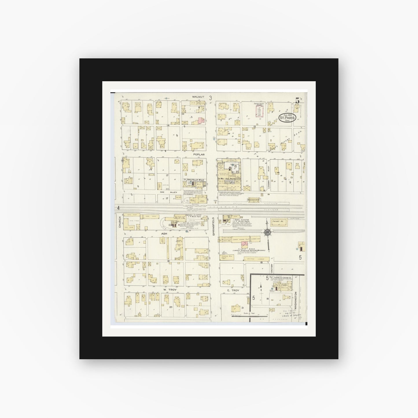 Old map wall art mockup — black gallery frame with white mat — Sanborn Fire Insurance Map from Saint Paris, Champaign County, Ohio (1914), Sheet #0005