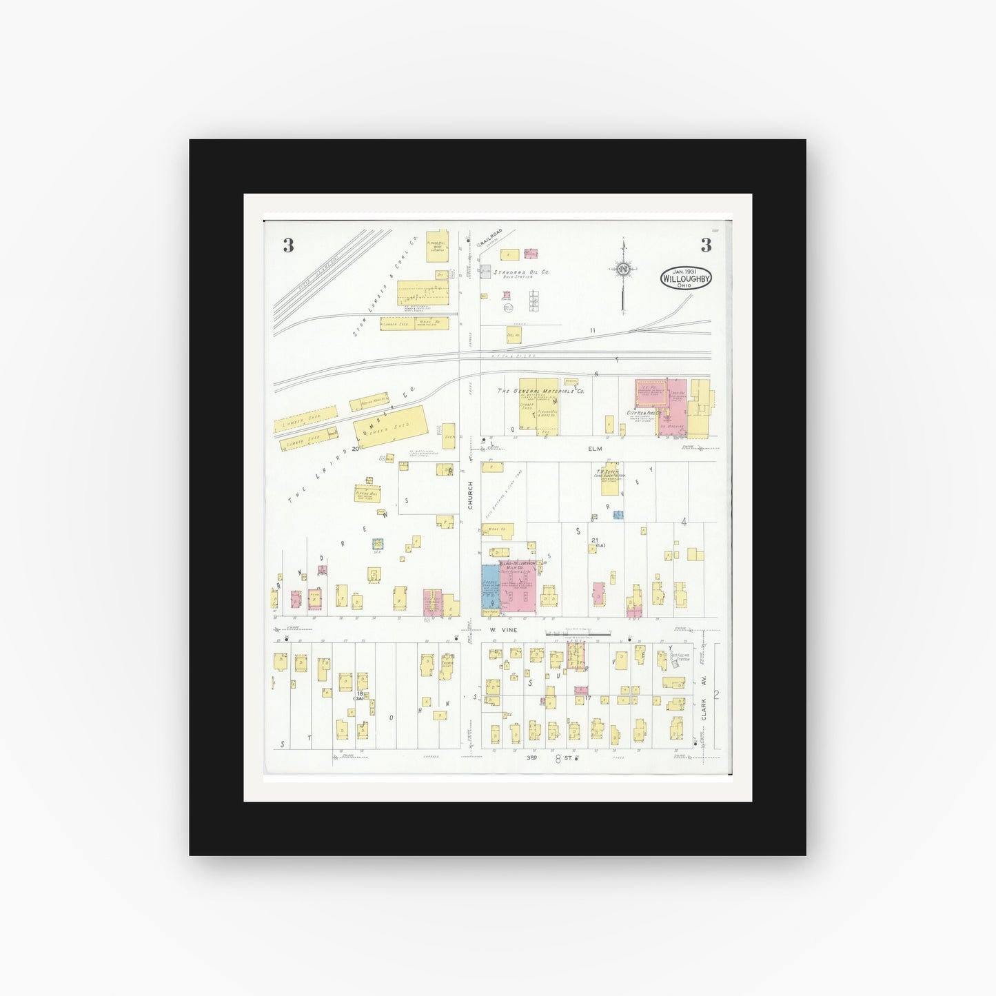 Old map wall art mockup — black gallery frame with white mat — Sanborn Fire Insurance Map from Willoughby, Lake County, Ohio (1931), Sheet #0003