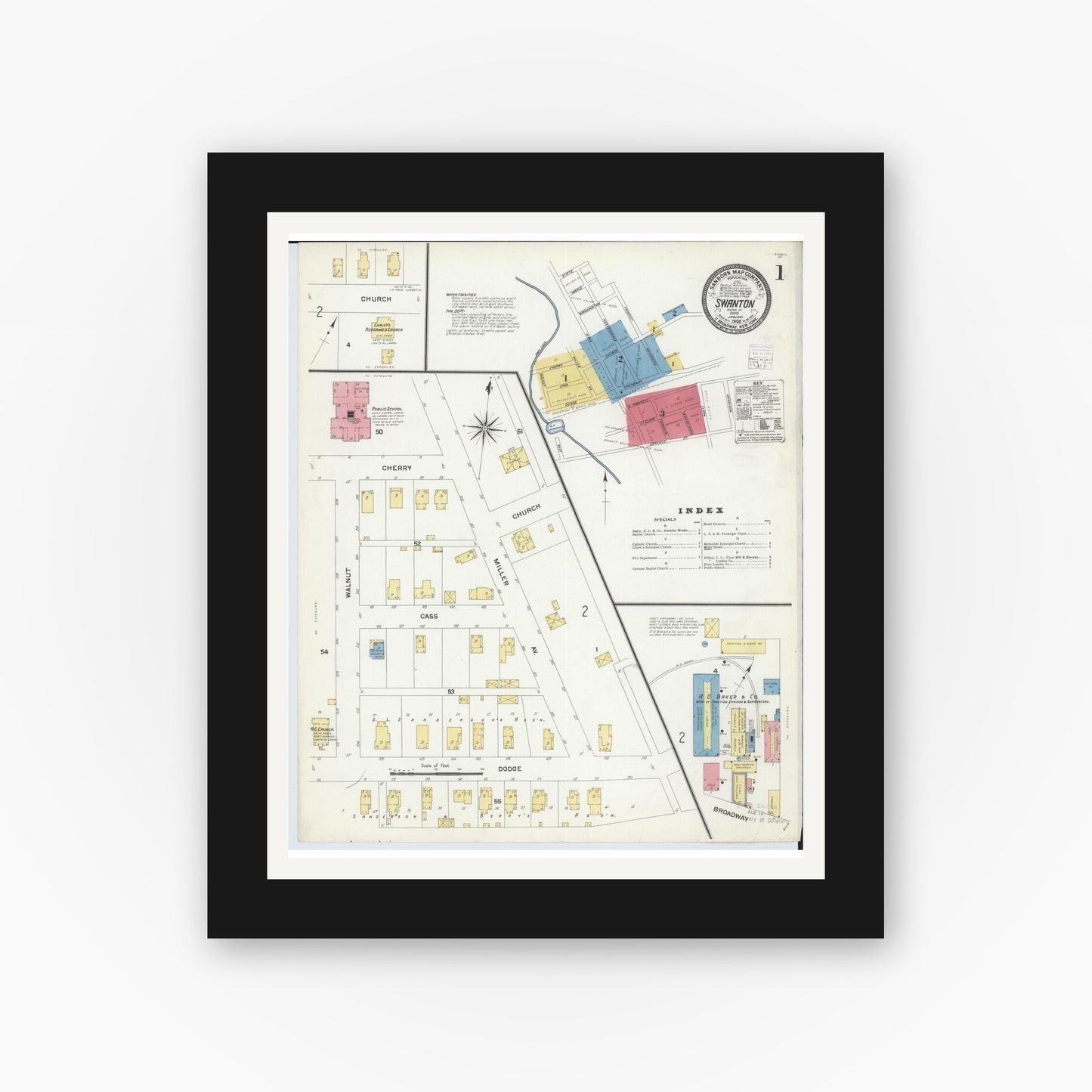 Old map wall art mockup β black gallery frame with white mat β Sanborn Fire Insurance Map from Swanton, Fulton County, Ohio (1908) - Complete Map Set