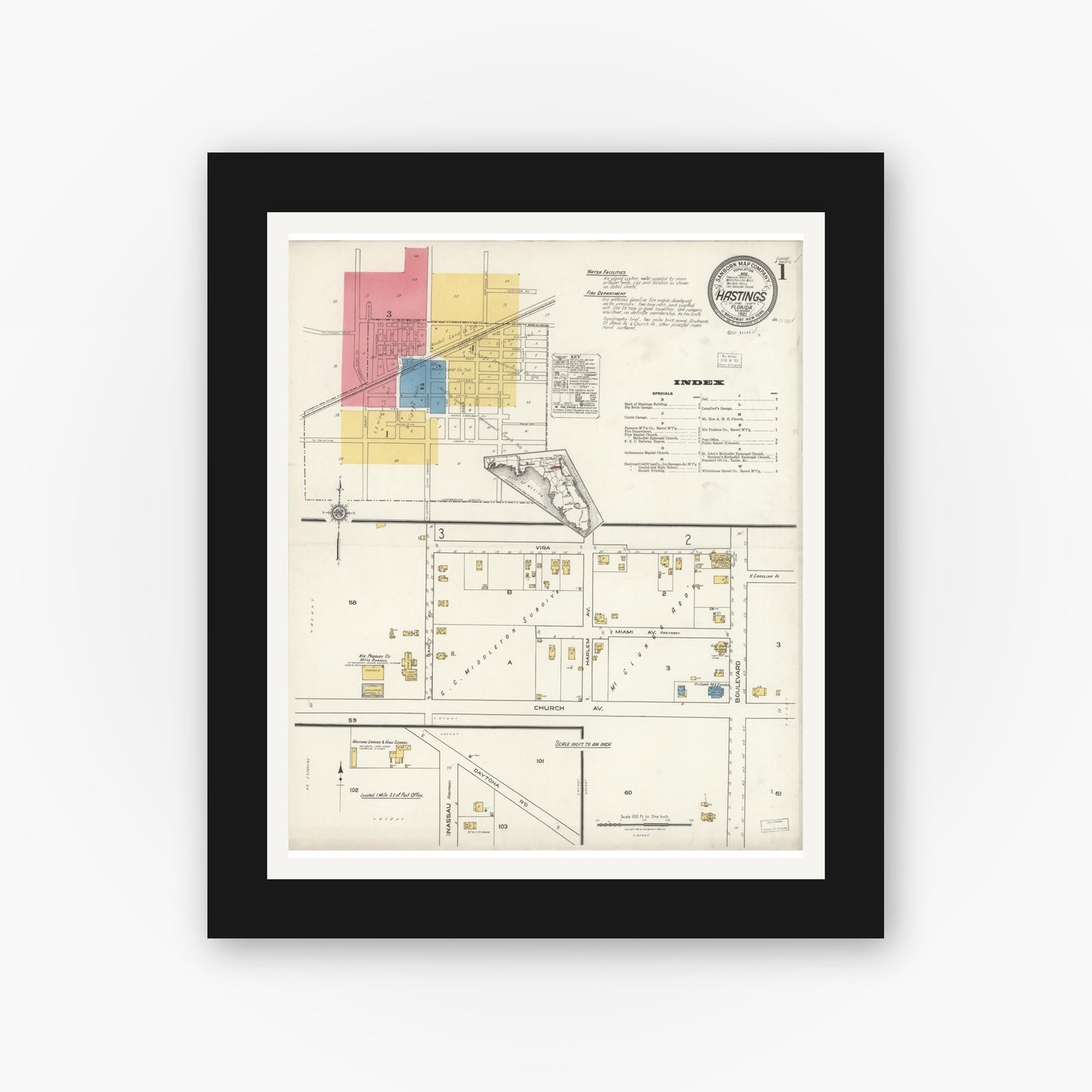 Old map wall art mockup — black gallery frame with white mat — Sanborn Fire Insurance Map from Hastings, St. Johns County, Florida (1921), Sheet #0001