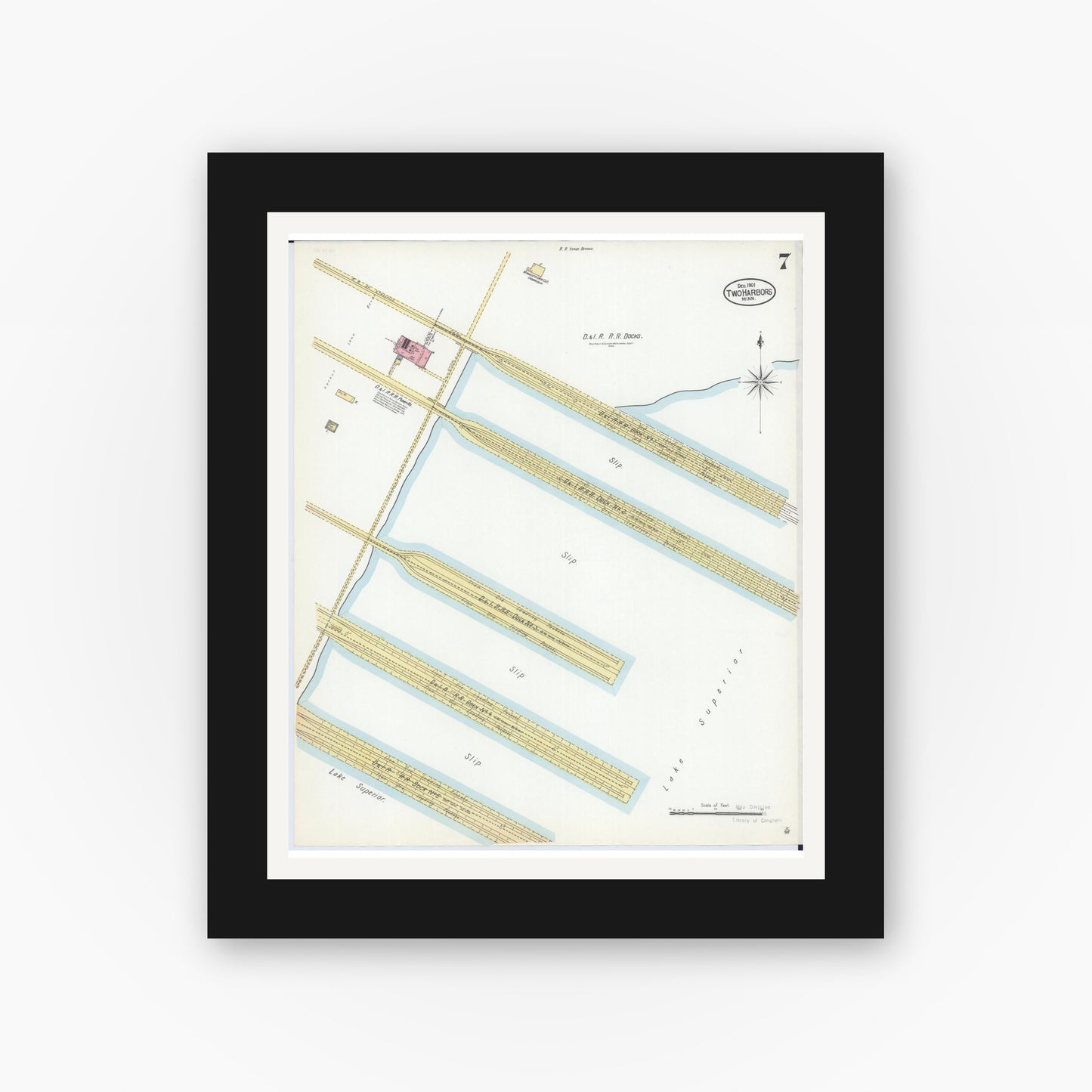 Old map wall art mockup — black gallery frame with white mat — Sanborn Fire Insurance Map from Two Harbors, Lake County, Minnesota (1901), Sheet #0007