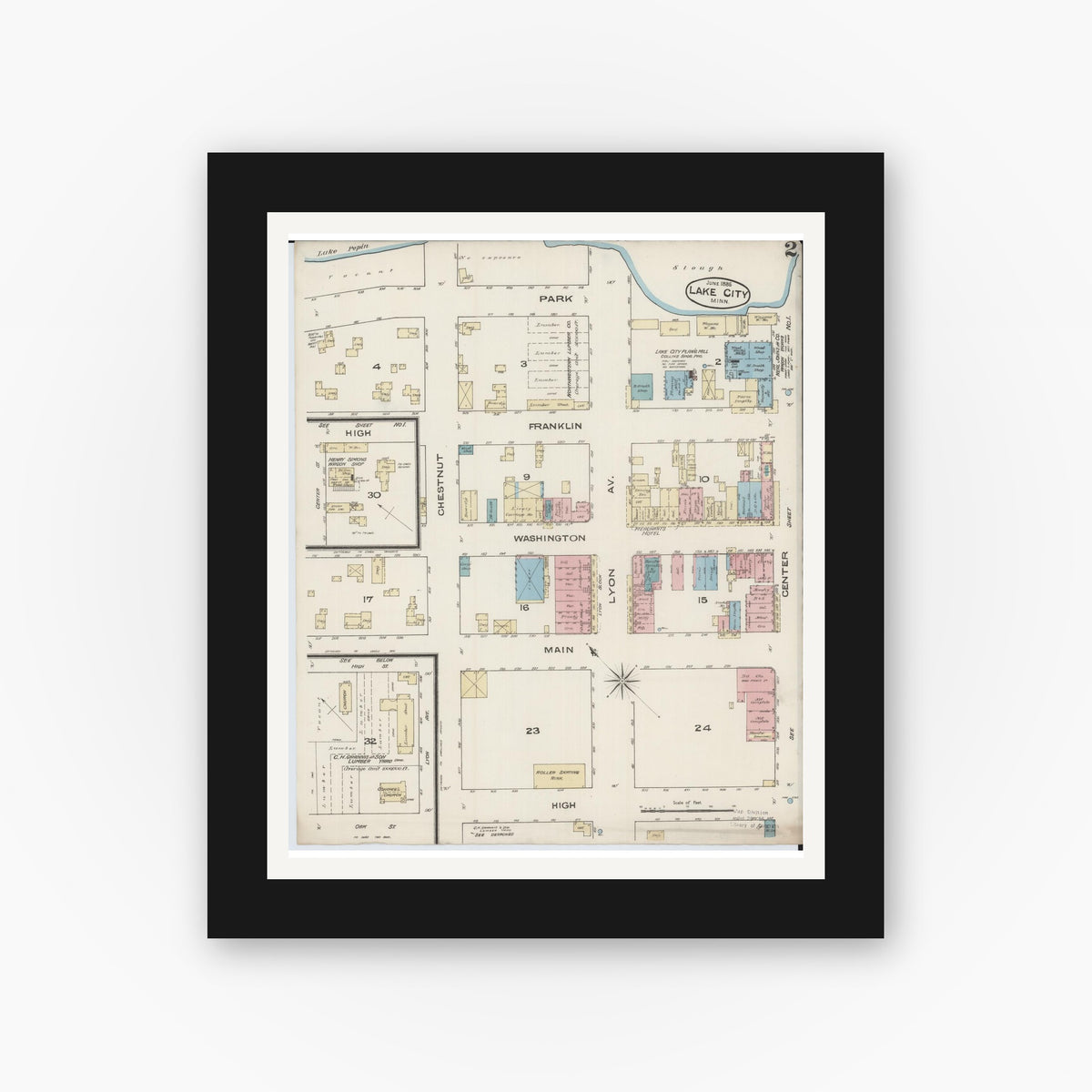 Old map wall art mockup — black gallery frame with white mat — Sanborn Fire Insurance Map from Lake City, Wabasha County, Minnesota (1885), Sheet #0002