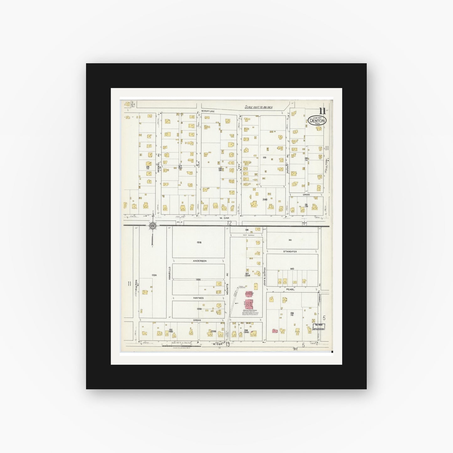 Old map wall art mockup — black gallery frame with white mat — Sanborn Fire Insurance Map from Denton, Denton County, Texas (1917), Sheet #0011