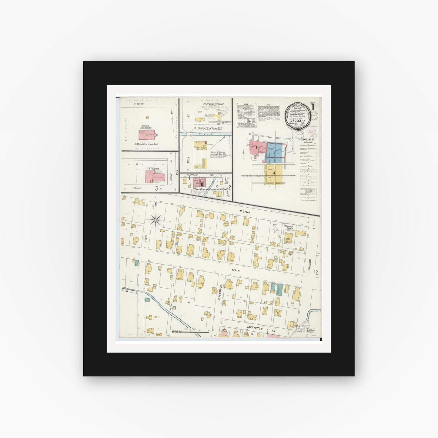 Old map wall art mockup — black gallery frame with white mat — Sanborn Fire Insurance Map from Saint Paris, Champaign County, Ohio (1901), Sheet #0001