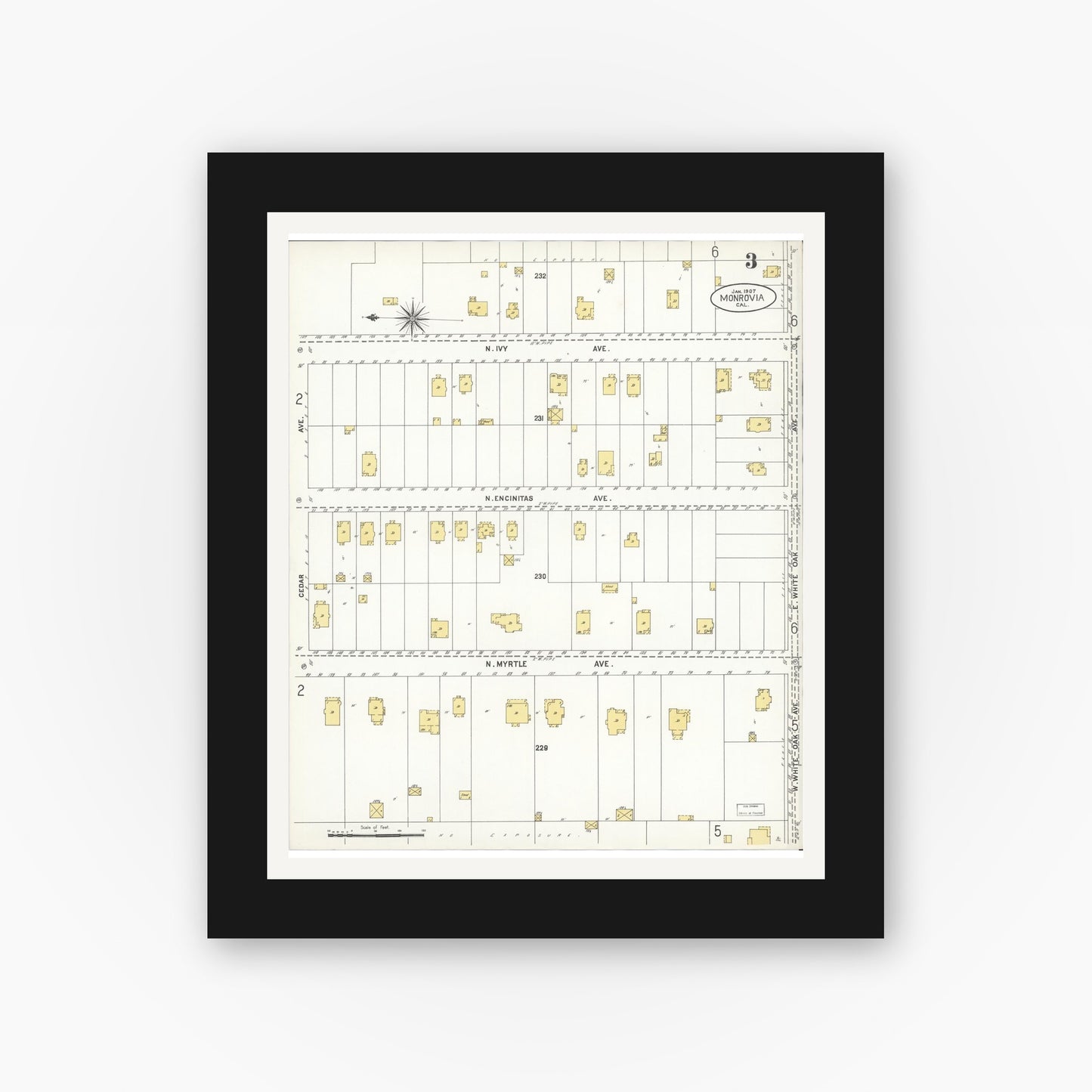 Old map wall art mockup — black gallery frame with white mat — Sanborn Fire Insurance Map from Monrovia, Los Angeles County, California (1907), Sheet #0003