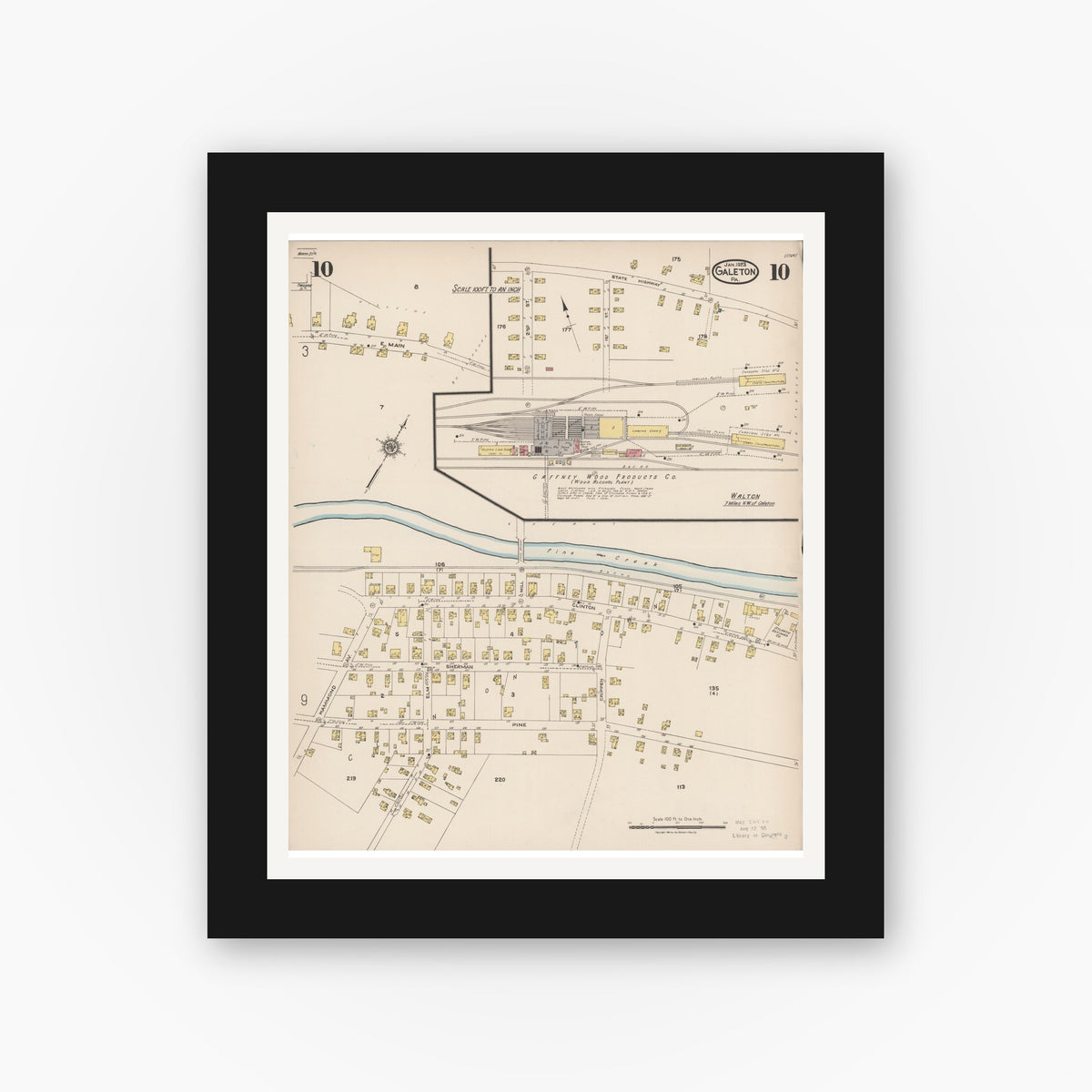 Old map wall art mockup — black gallery frame with white mat — Sanborn Fire Insurance Map from Galeton, Potter County, Pennsylvania (1923), Sheet #0010
