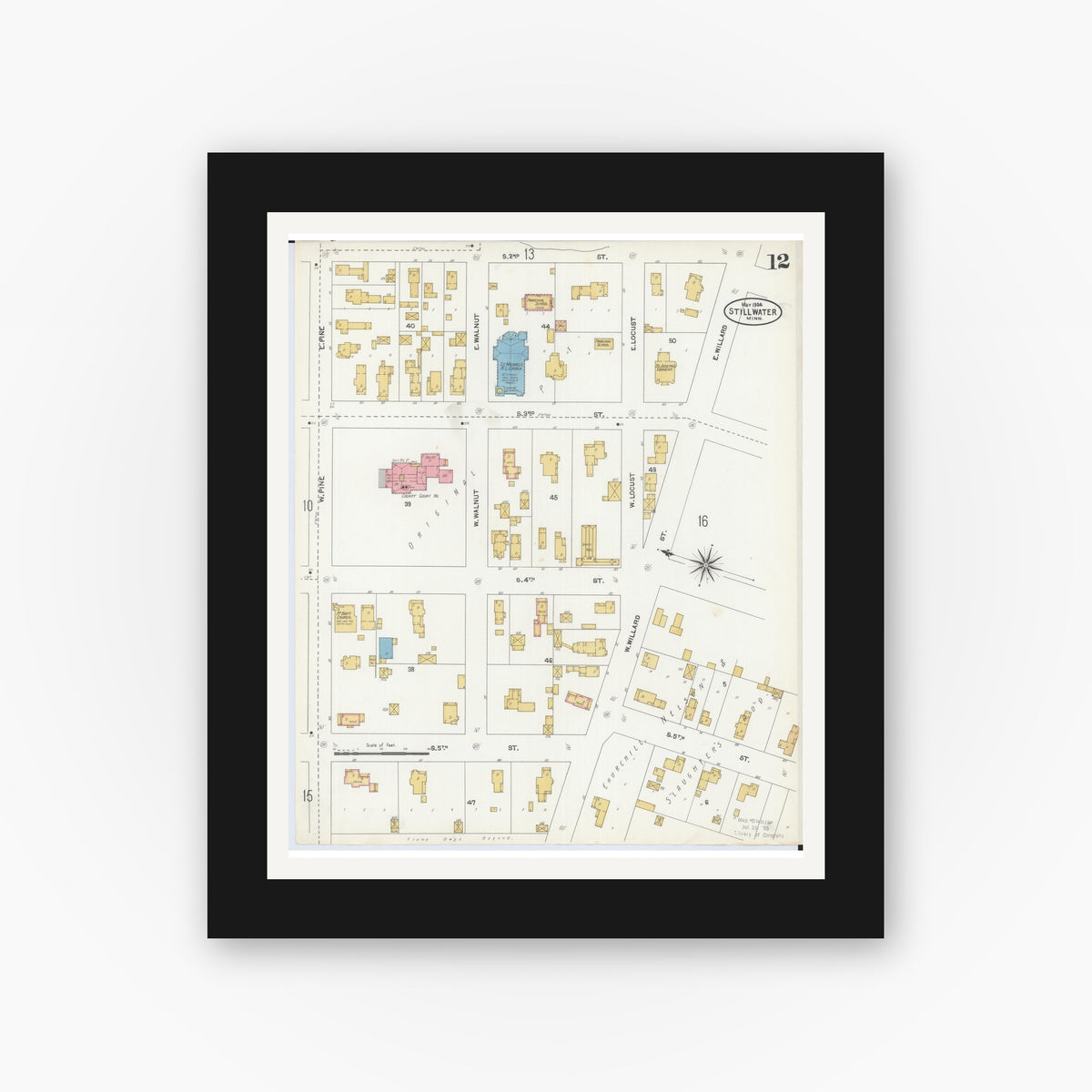 Old map wall art mockup — black gallery frame with white mat — Sanborn Fire Insurance Map from Stillwater, Washington County, Minnesota (1904), Sheet #0012