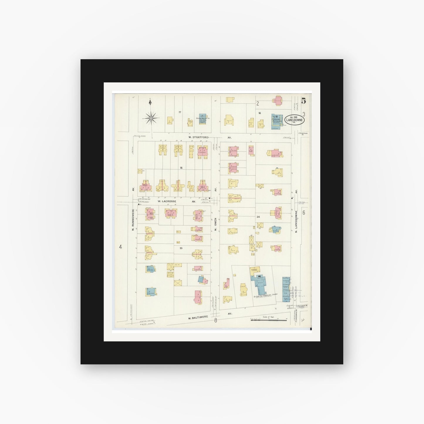 Old map wall art mockup — black gallery frame with white mat — Sanborn Fire Insurance Map from Lansdowne, Delaware County, Pennsylvania (1908), Sheet #0005