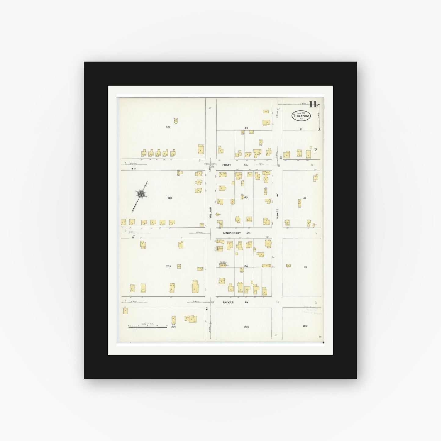 Old map wall art mockup — black gallery frame with white mat — Sanborn Fire Insurance Map from Towanda, Bradford County, Pennsylvania (1911), Sheet #0011