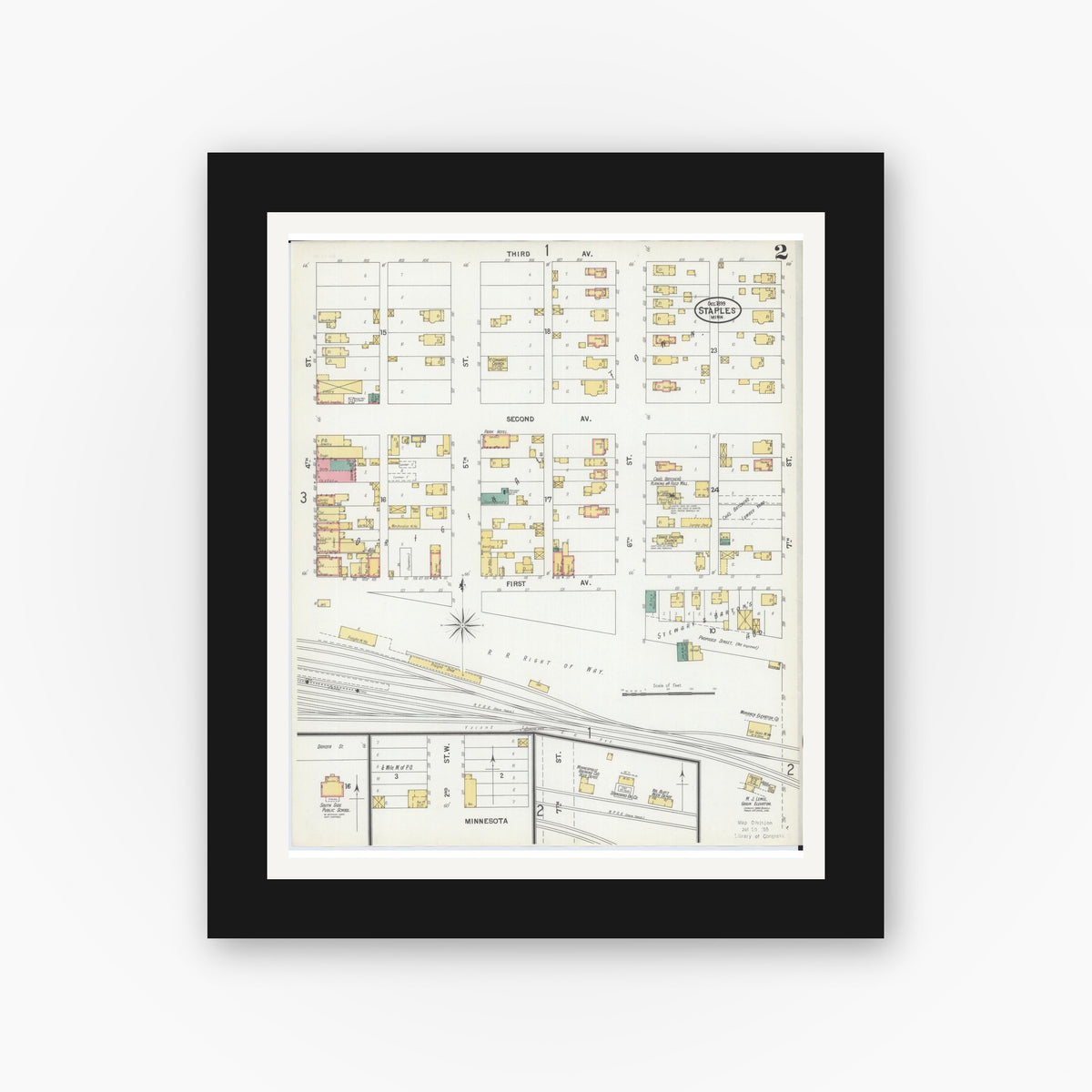 Old map wall art mockup — black gallery frame with white mat — Sanborn Fire Insurance Map from Staples, Todd County, Minnesota (1899), Sheet #0002