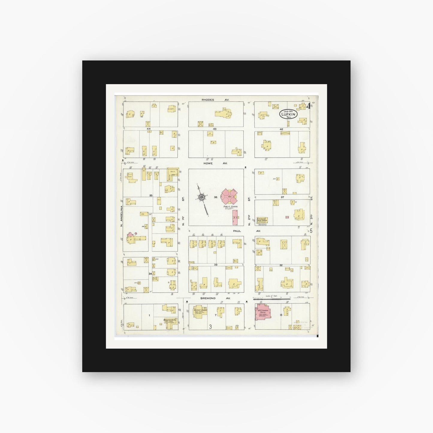 Old map wall art mockup — black gallery frame with white mat — Sanborn Fire Insurance Map from Lufkin, Angelina County, Texas (1915), Sheet #0004