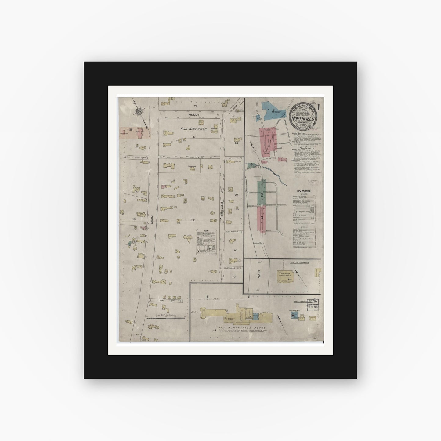 Old map wall art mockup — black gallery frame with white mat — Sanborn Fire Insurance Map from Northfield, Franklin County, Massachusetts (1909), Sheet #0001