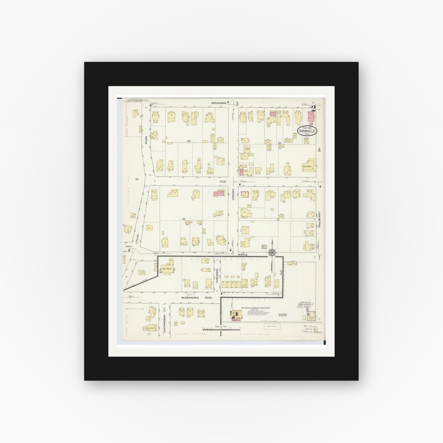 Old map wall art mockup — black gallery frame with white mat — Sanborn Fire Insurance Map from Granville, Licking County, Ohio (1913), Sheet #0002
