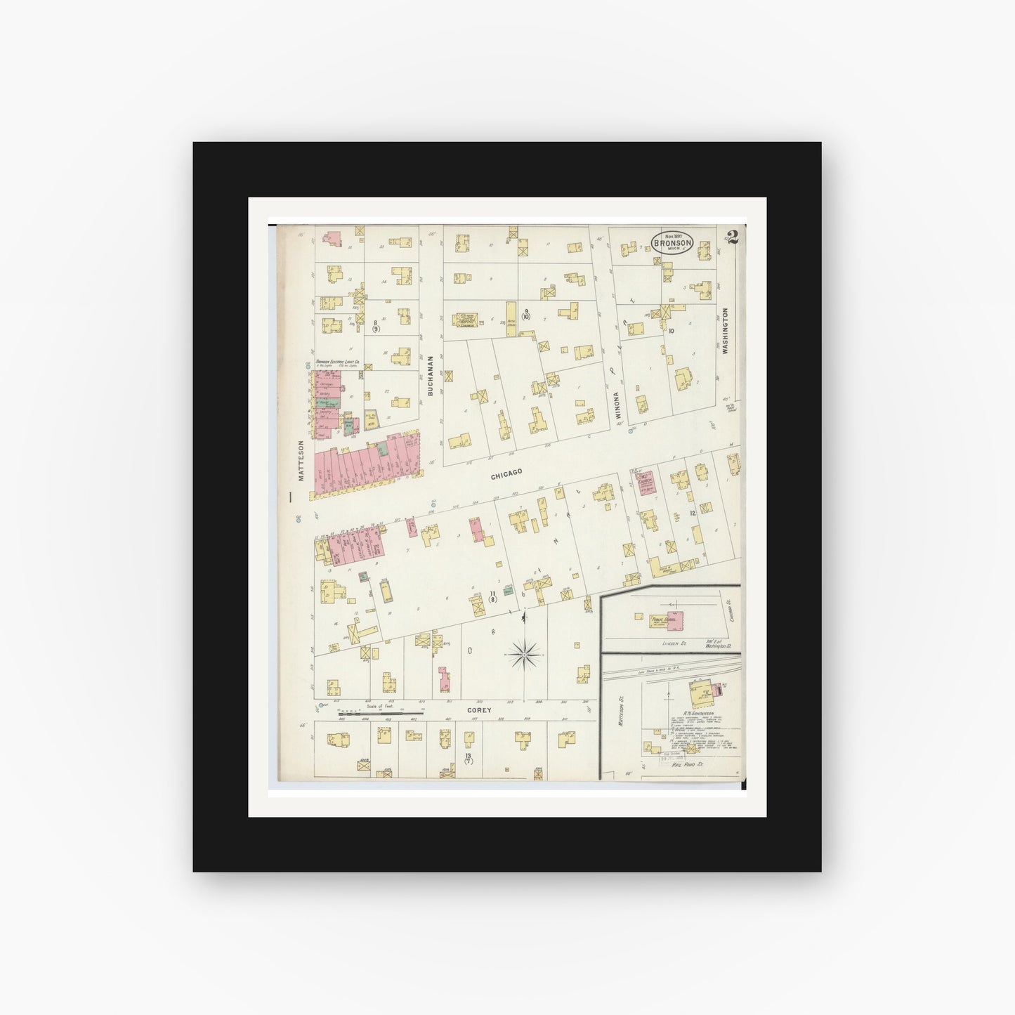 Old map wall art mockup — black gallery frame with white mat — Sanborn Fire Insurance Map from Bronson, Branch County, Michigan (1897), Sheet #0002