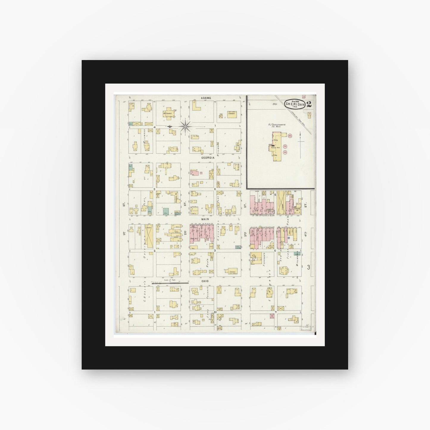 Old map wall art mockup — black gallery frame with white mat — Sanborn Fire Insurance Map from Sheridan, Hamilton County, Indiana (1896), Sheet #0002