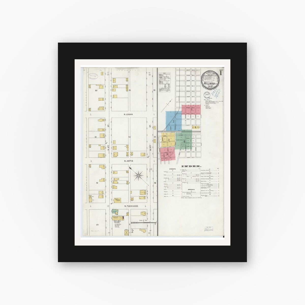 Old map wall art mockup — black gallery frame with white mat — Sanborn Fire Insurance Map from Bellwood, Blair County, Pennsylvania (1899) - Complete Map Set