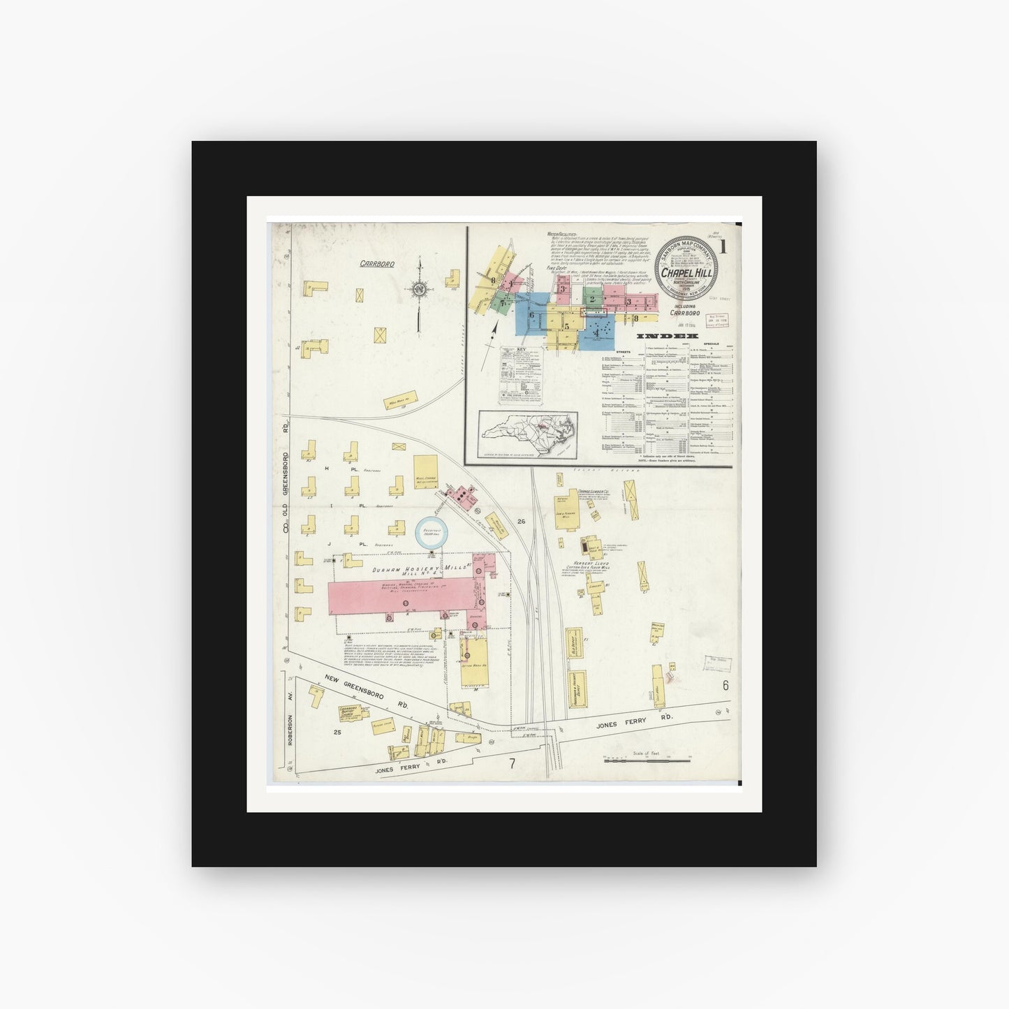 Old map wall art mockup — black gallery frame with white mat — Sanborn Fire Insurance Map from Chapel Hill, Orange County, North Carolina (1915), Sheet #0001