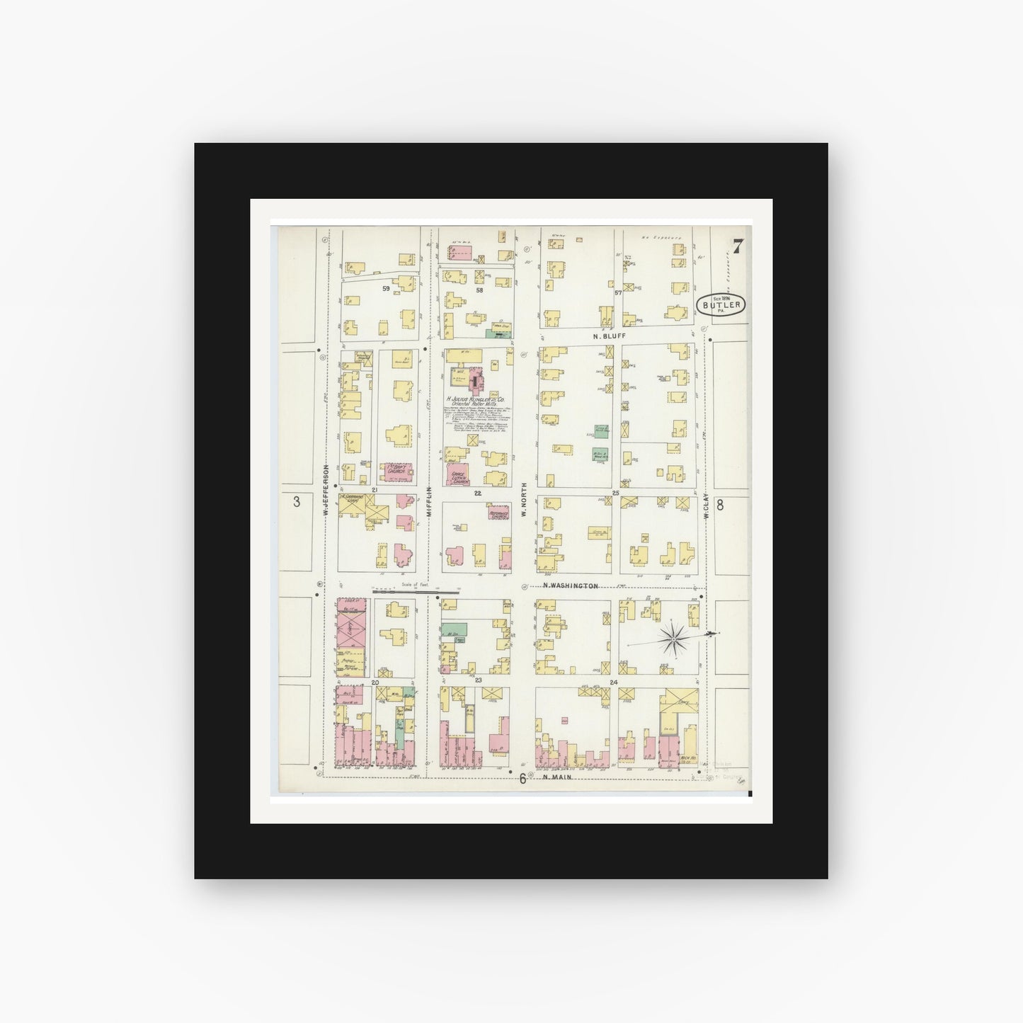 Old map wall art mockup — black gallery frame with white mat — Sanborn Fire Insurance Map from Butler, Butler County, Pennsylvania (1896), Sheet #0007