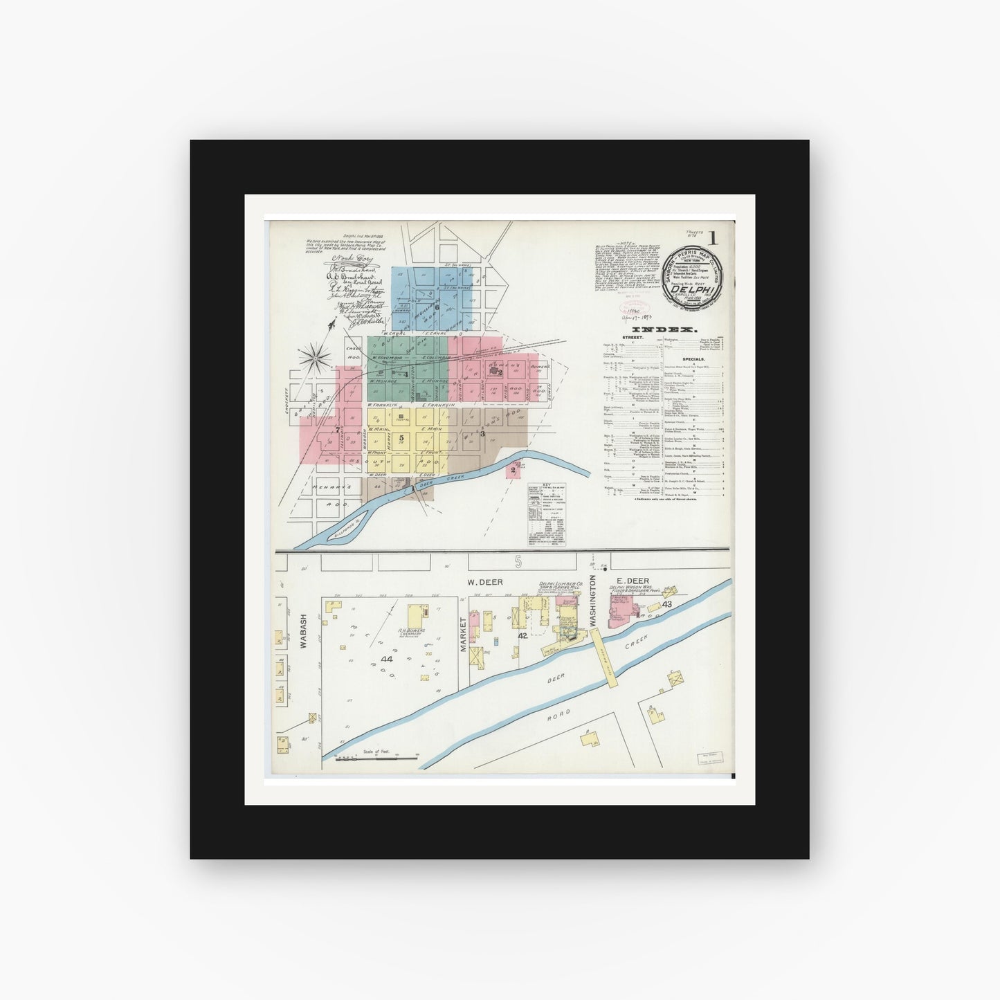 Old map wall art mockup — black gallery frame with white mat — Sanborn Fire Insurance Map from Delphi, Carroll County, Indiana (1893), Sheet #0001