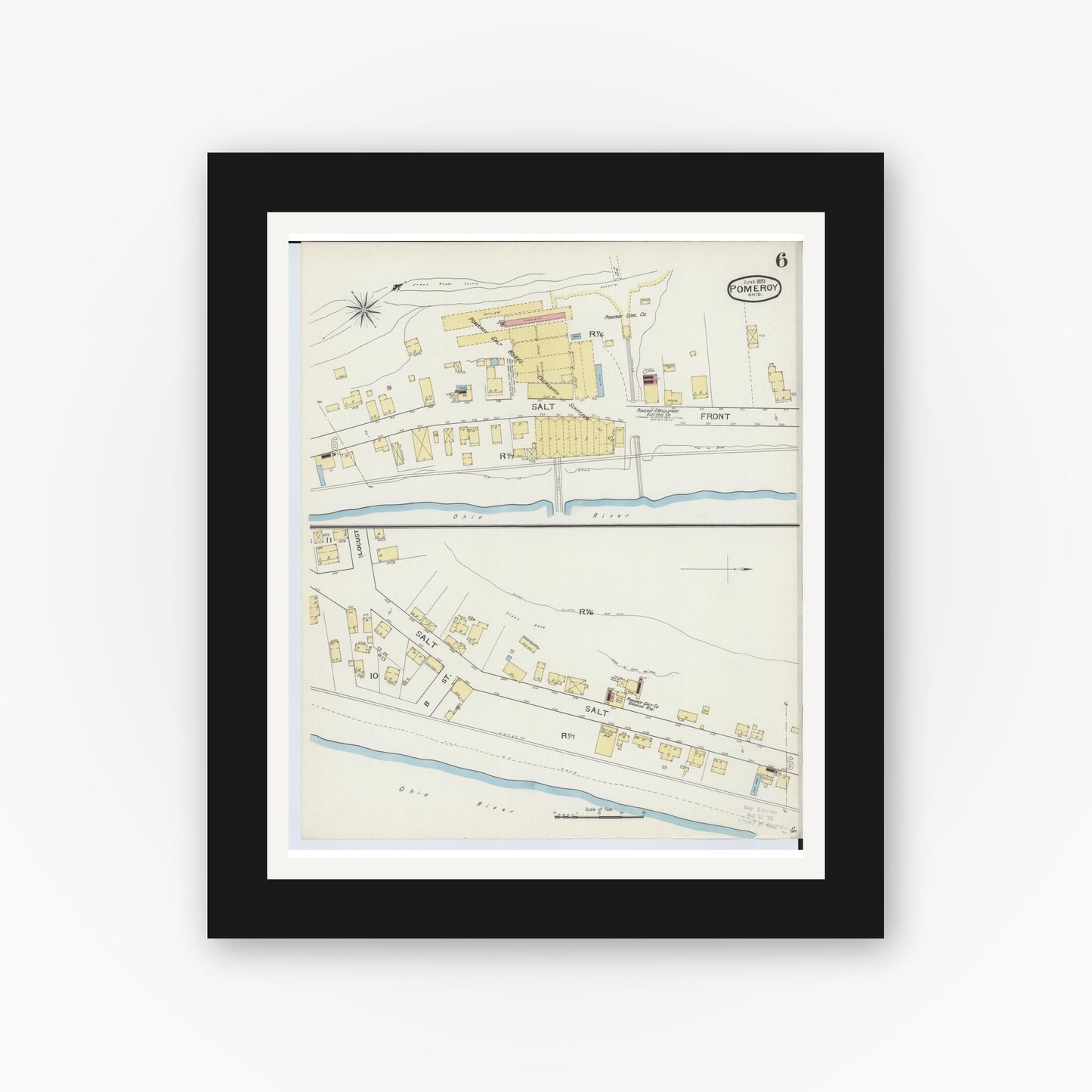 Old map wall art mockup — black gallery frame with white mat — Sanborn Fire Insurance Map from Pomeroy, Meigs County, Ohio (1893), Sheet #0006