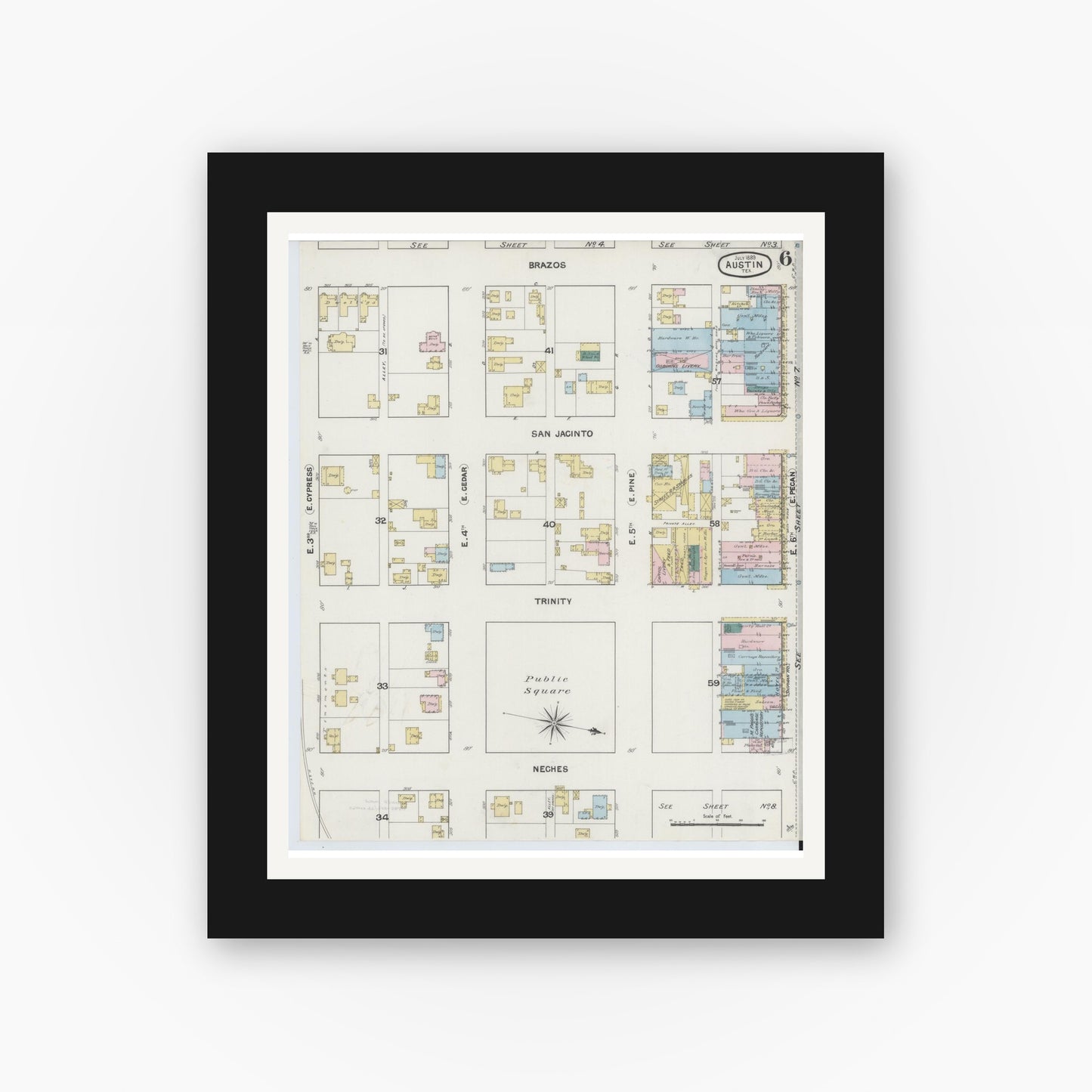 Old map wall art mockup — black gallery frame with white mat — Sanborn Fire Insurance Map from Austin, Travis County, Texas (1889), Sheet #0006