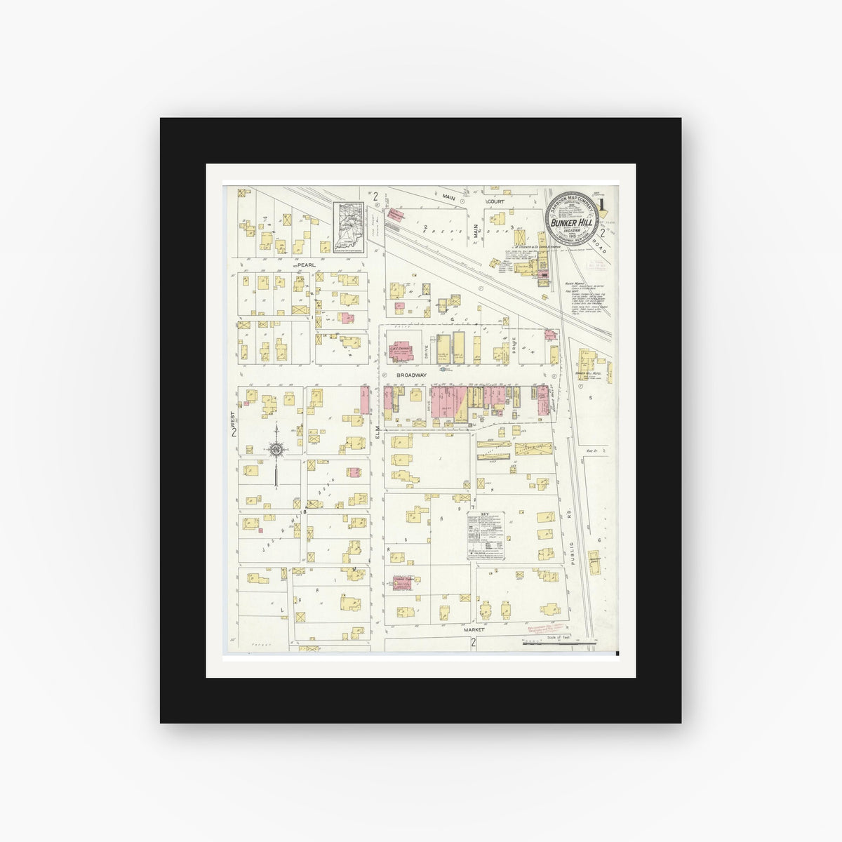 Old map wall art mockup — black gallery frame with white mat — Sanborn Fire Insurance Map from Bunker Hill, Miami County, Indiana (1913) - Complete Map Set
