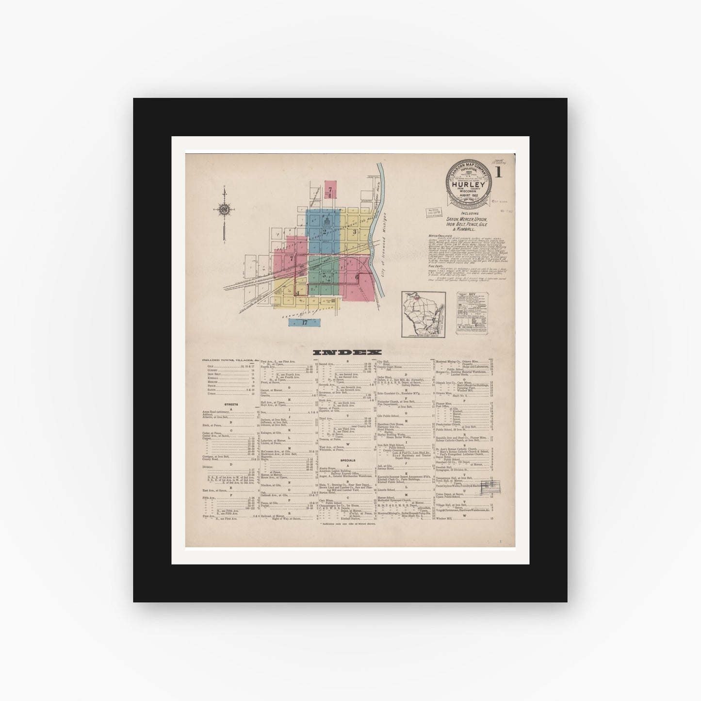 Old map wall art mockup — black gallery frame with white mat — Sanborn Fire Insurance Map from Hurley, Iron County, Wisconsin (1922) - Complete Map Set