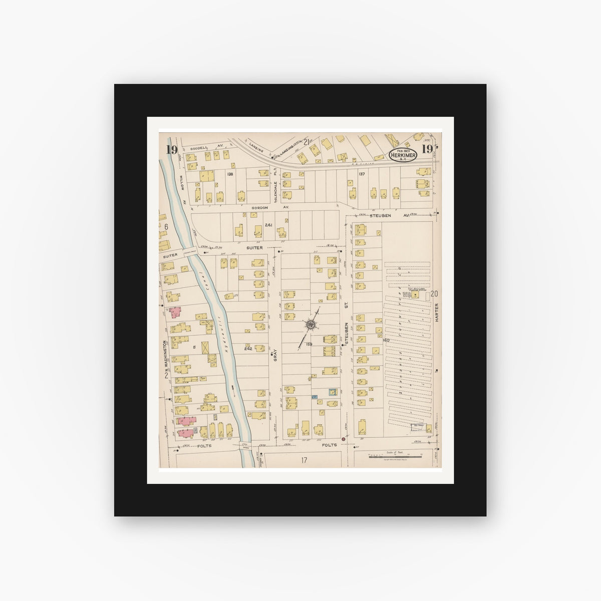 Old map wall art mockup — black gallery frame with white mat — Sanborn Fire Insurance Map from Herkimer, Herkimer County, New York (1923), Sheet #0019