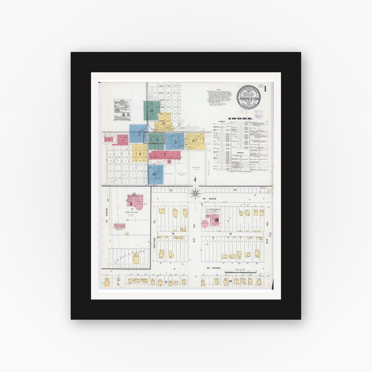 Old map wall art mockup — black gallery frame with white mat — Sanborn Fire Insurance Map from Hoopeston, Vermilion County, Illinois (1906), Sheet #0001