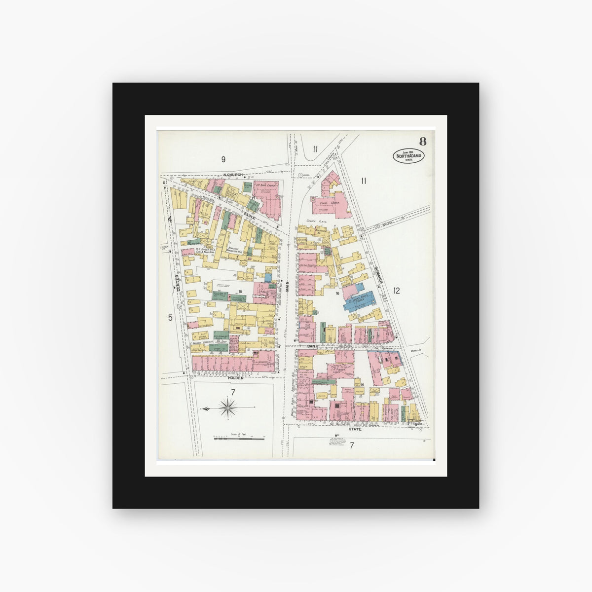 Old map wall art mockup — black gallery frame with white mat — Sanborn Fire Insurance Map from North Adams, Berkshire County, Massachusetts (1901), Sheet #0008