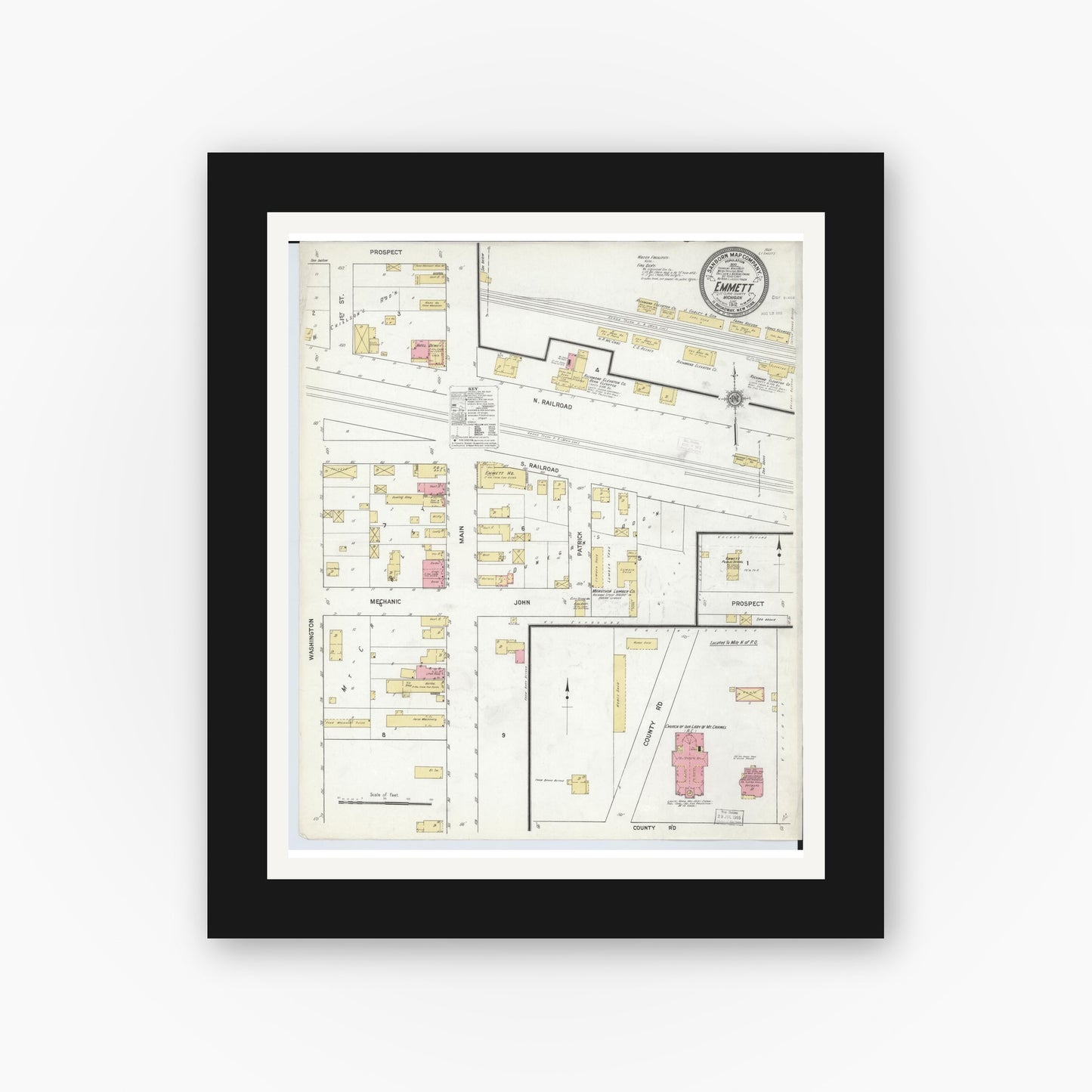 Old map wall art mockup — black gallery frame with white mat — Sanborn Fire Insurance Map from Emmett, Saint Clair County, Michigan (1912), Sheet #0001