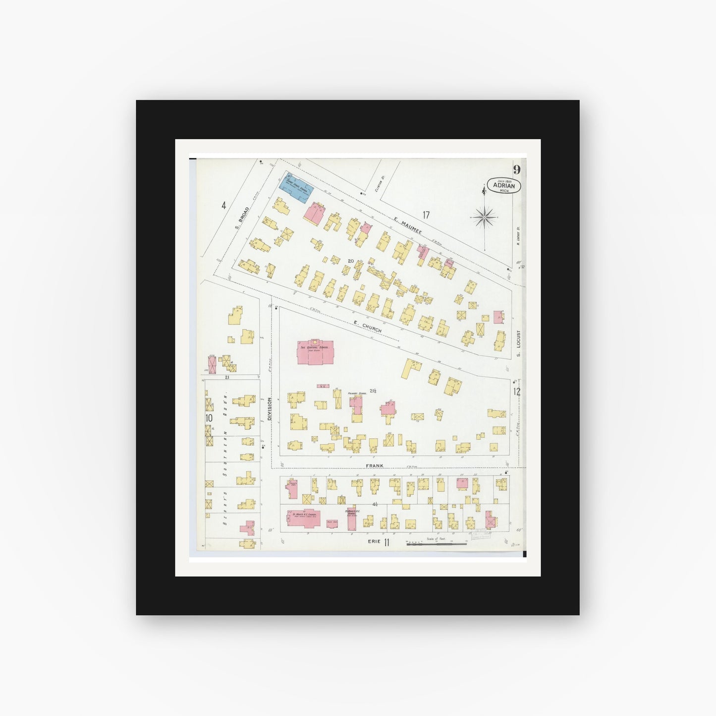 Old map wall art mockup — black gallery frame with white mat — Sanborn Fire Insurance Map from Adrian, Lenawee County, Michigan (1899), Sheet #0009