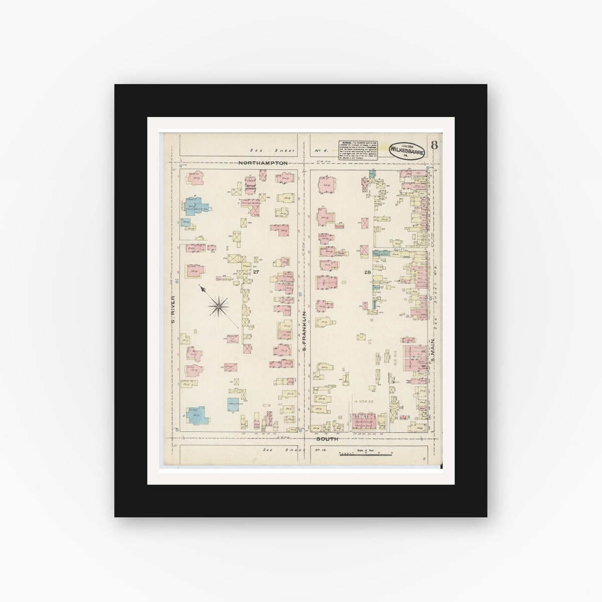 Old map wall art mockup — black gallery frame with white mat — Sanborn Fire Insurance Map from Wilkes Barre, Luzerne County, Pennsylvania (1884), Sheet #0008
