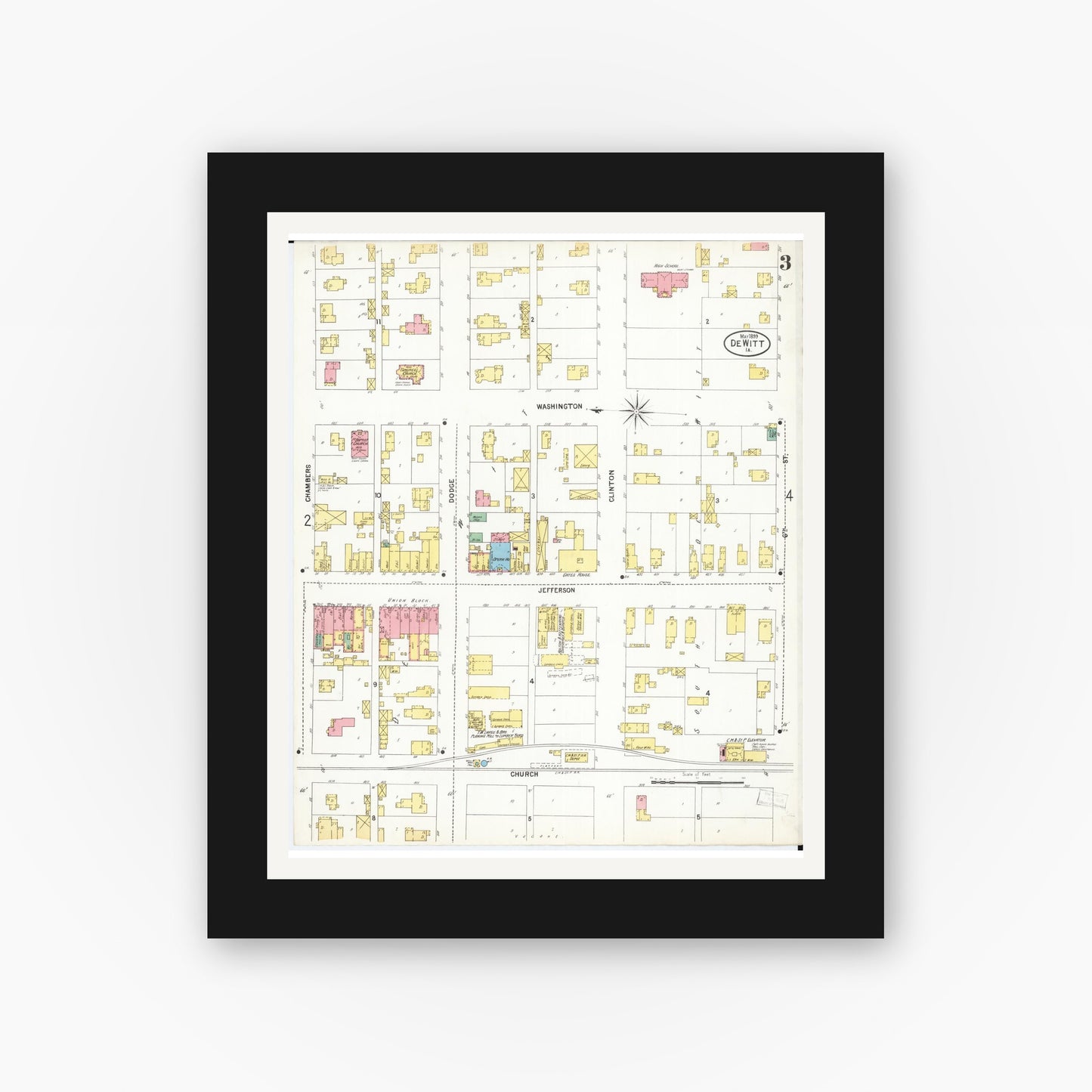 Old map wall art mockup — black gallery frame with white mat — Sanborn Fire Insurance Map from De Witt, Clinton County, Iowa (1899), Sheet #0003