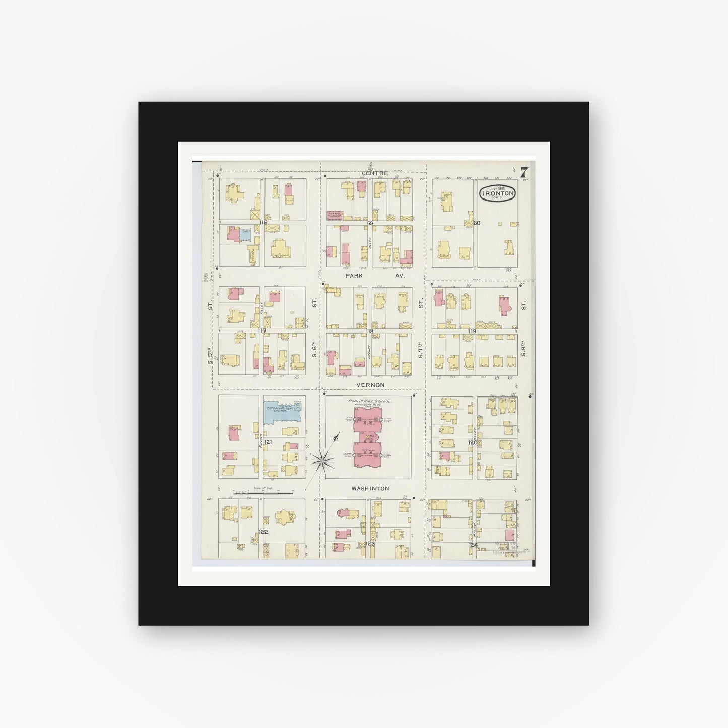 Old map wall art mockup — black gallery frame with white mat — Sanborn Fire Insurance Map from Ironton, Lawrence County, Ohio (1893), Sheet #0007