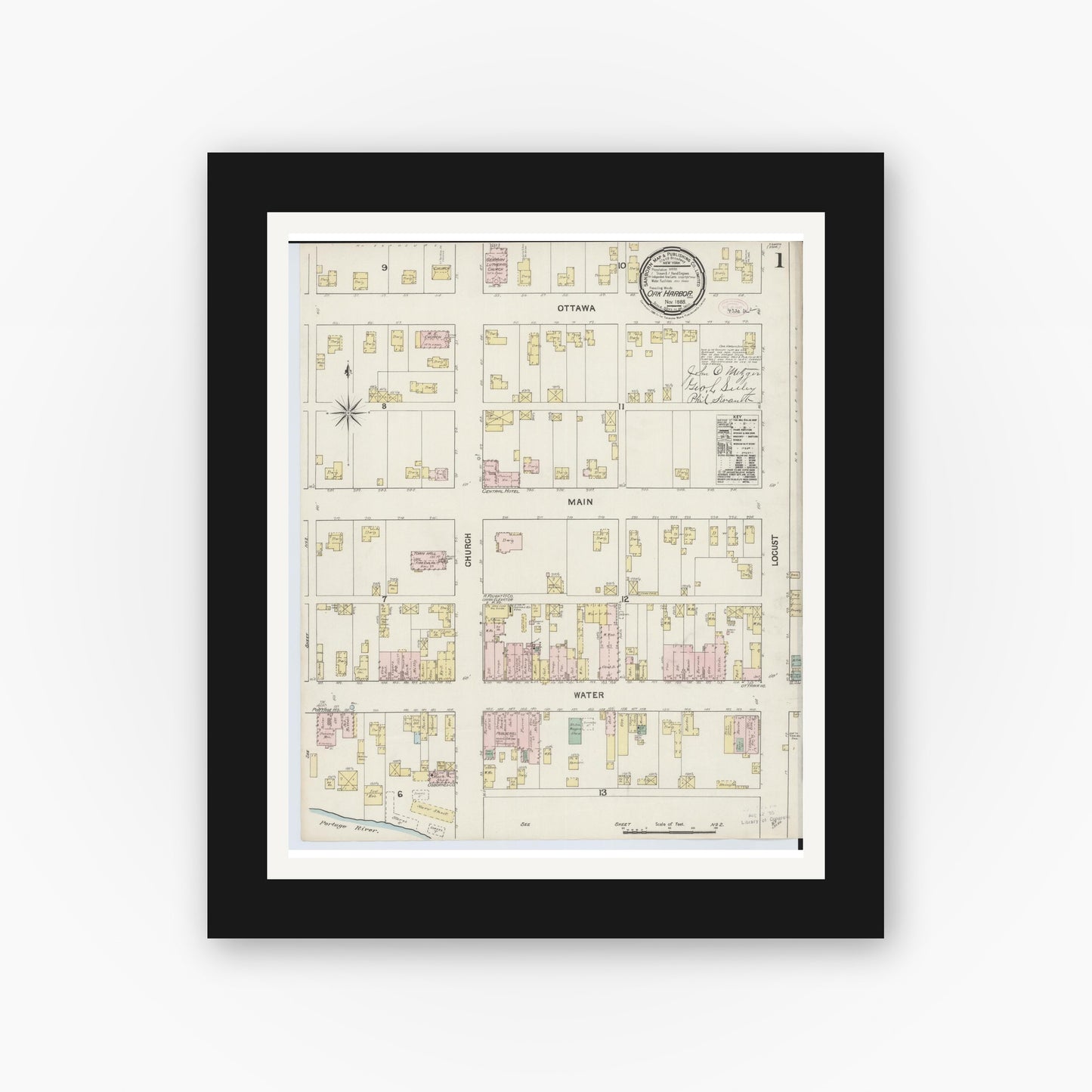 Old map wall art mockup — black gallery frame with white mat — Sanborn Fire Insurance Map from Oak Harbor, Ottawa County, Ohio (1888) - Complete Map Set
