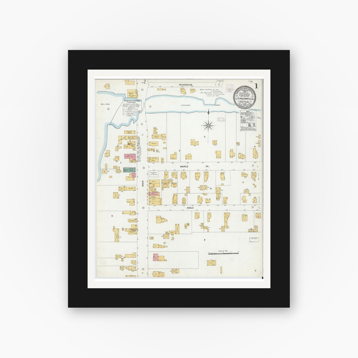 Old map wall art mockup — black gallery frame with white mat — Sanborn Fire Insurance Map from Lyndonville, Orleans County, New York (1906) - Complete Map Set