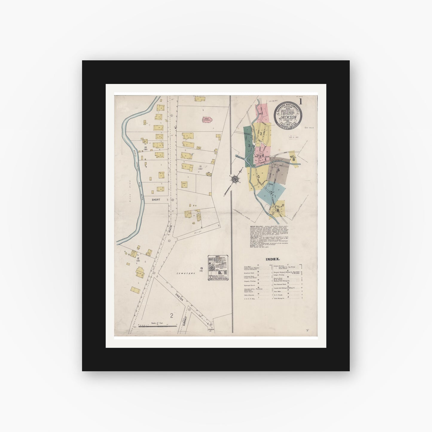 Old map wall art mockup — black gallery frame with white mat — Sanborn Fire Insurance Map from Jackson, Amador County, California (1912) - Complete Map Set