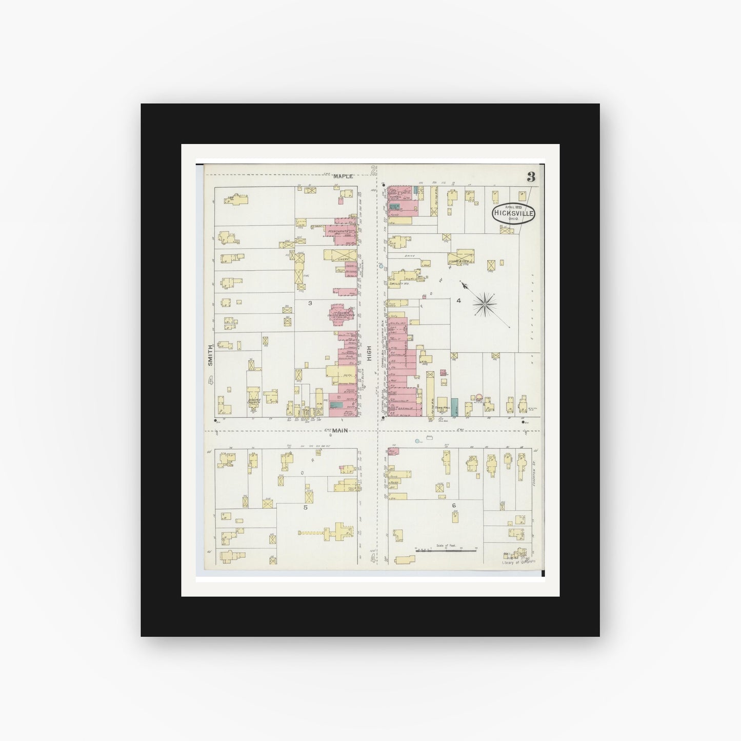 Old map wall art mockup — black gallery frame with white mat — Sanborn Fire Insurance Map from Hicksville, Defiance County, Ohio (1893), Sheet #0003