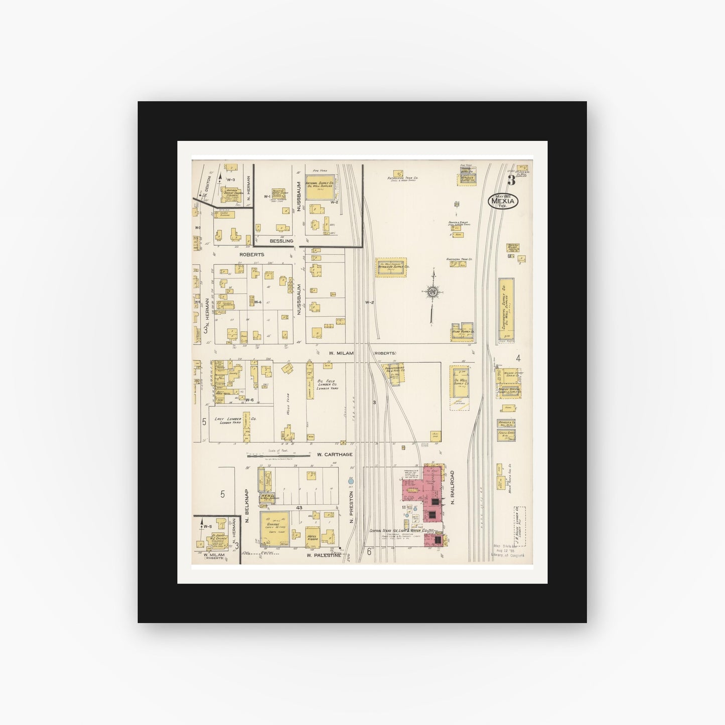 Old map wall art mockup — black gallery frame with white mat — Sanborn Fire Insurance Map from Mexia, Limestone County, Texas (1922), Sheet #0003