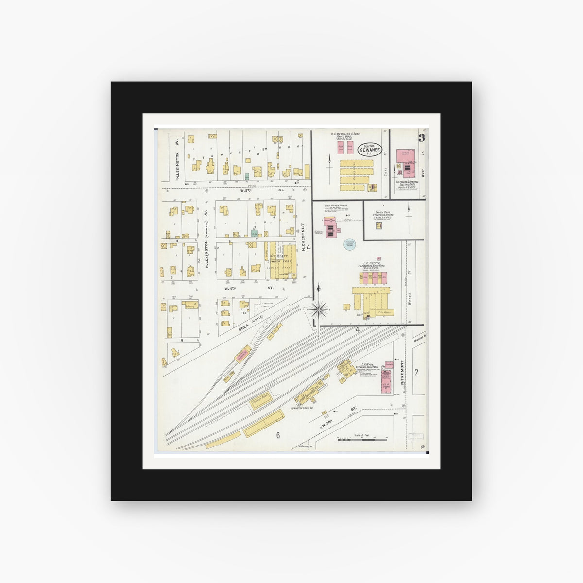 Old map wall art mockup — black gallery frame with white mat — Sanborn Fire Insurance Map from Kewanee, Henry County, Illinois (1905), Sheet #0003
